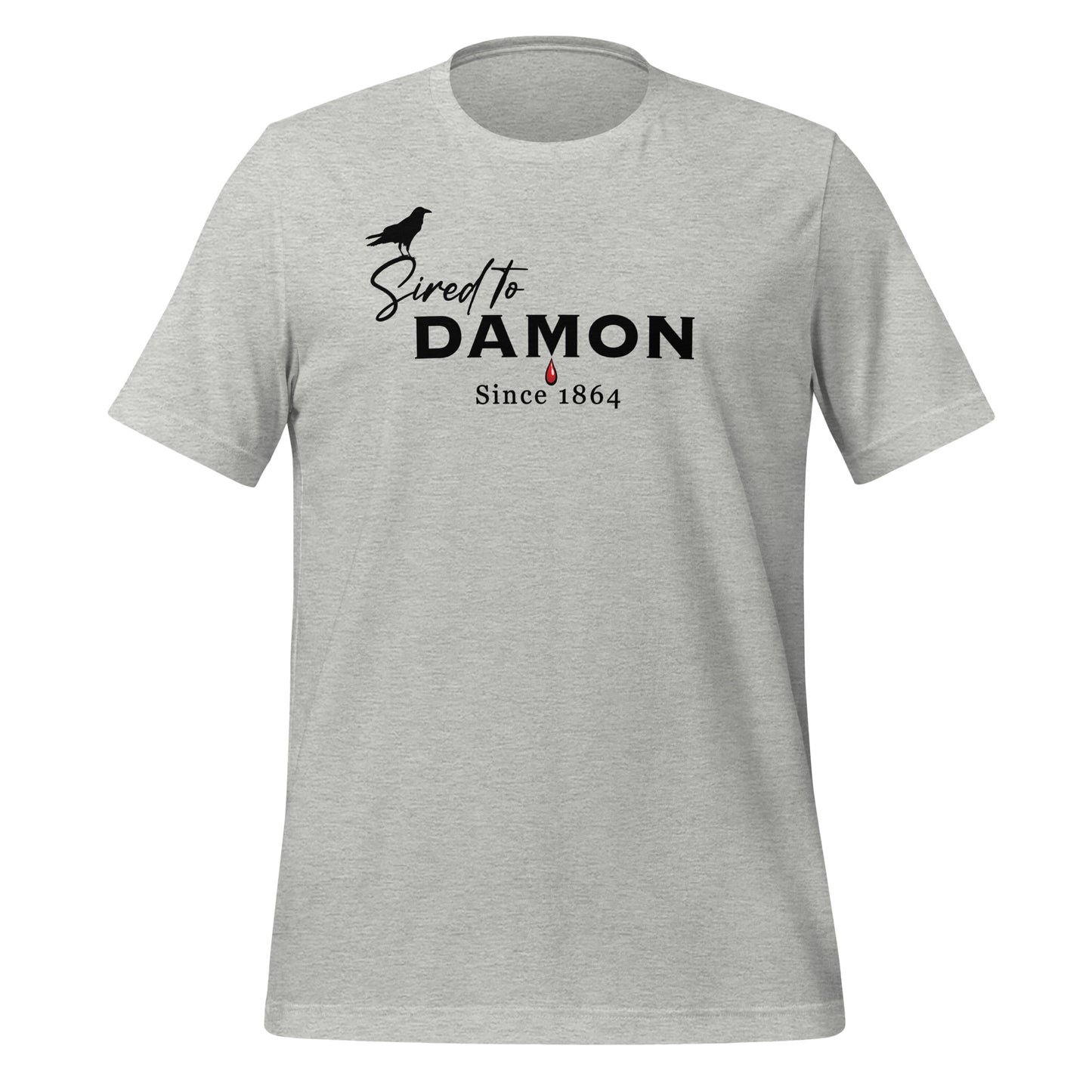 Athletic grey The Vampire Diaries Sired to Damon Since 1864 t-shirt with a crow and blood drip created by fandom graphic apparel company Midnight Gypsy Designs as part of their The Vampire Diaries clothing line. Perfect Damon Salvatore shirt and Team Damon shirt.
