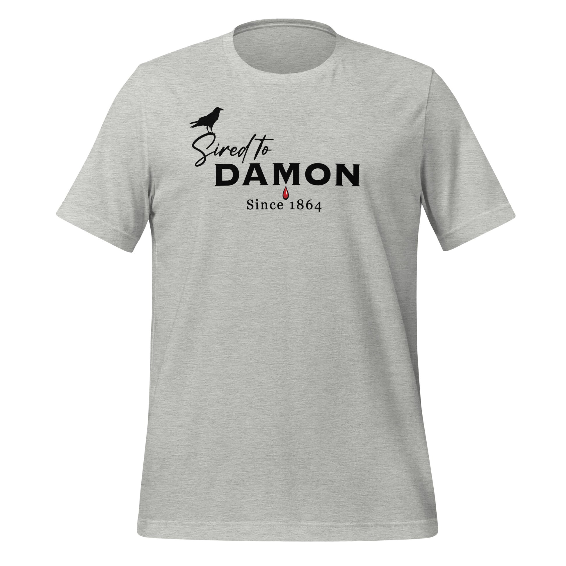 Athletic grey The Vampire Diaries Sired to Damon Since 1864 t-shirt with a crow and blood drip created by fandom graphic apparel company Midnight Gypsy Designs as part of their The Vampire Diaries clothing line. Perfect Damon Salvatore shirt and Team Damon shirt.