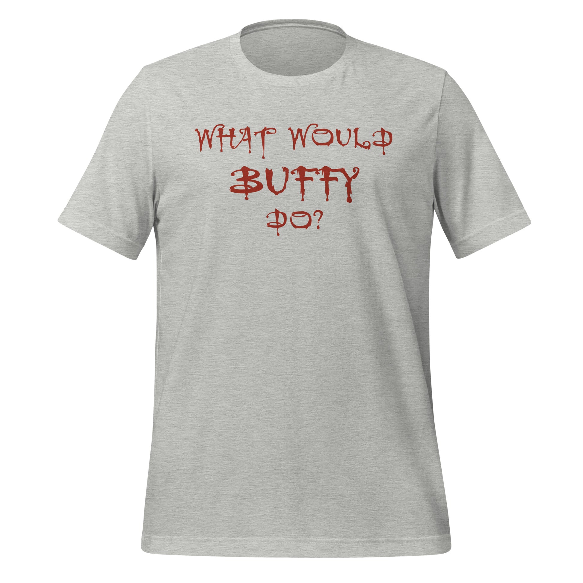 Athletic grey What Would Buffy Do T-shirt for fans of Buffy the Vampire Slayer TV show created by graphic apparel shop Midnight Gypsy Designs as part of their Buffy The Vampire Slayer apparel line. Perfect Buffy the Vampire Slayer shirt, Buffy Summers shirt, Buffy the Vampire Slayer t-shirt, Buffy Summers t-shirt, cute Buffy tee, cute Buffy shirt, cute Buffy t-shirt, What Would Buffy Do shirt, and cute Halloween shirt.