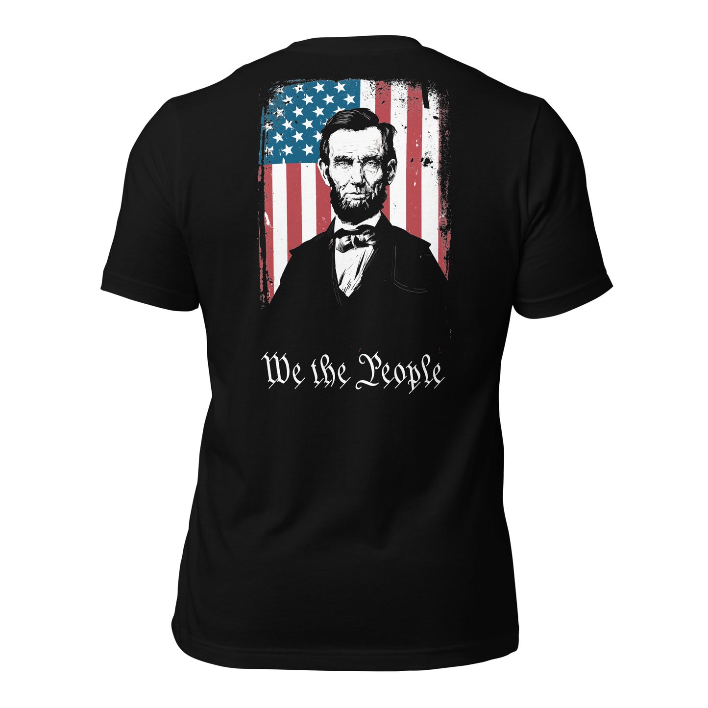 Black We the People shirt with Abraham Lincoln with the USA flag. Perfect Abraham Lincoln shirt or USA military shirt for true patriots created by graphic apparel company Midnight Gypsy Designs.