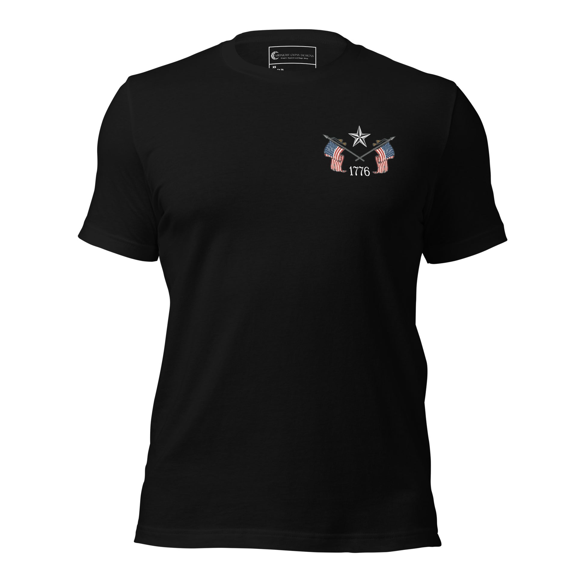 Black We the People shirt with Abraham Lincoln with the USA flag on the back and 1776 on the front. Perfect Abraham Lincoln shirt or USA military shirt for true patriots created by graphic apparel company Midnight Gypsy Designs.