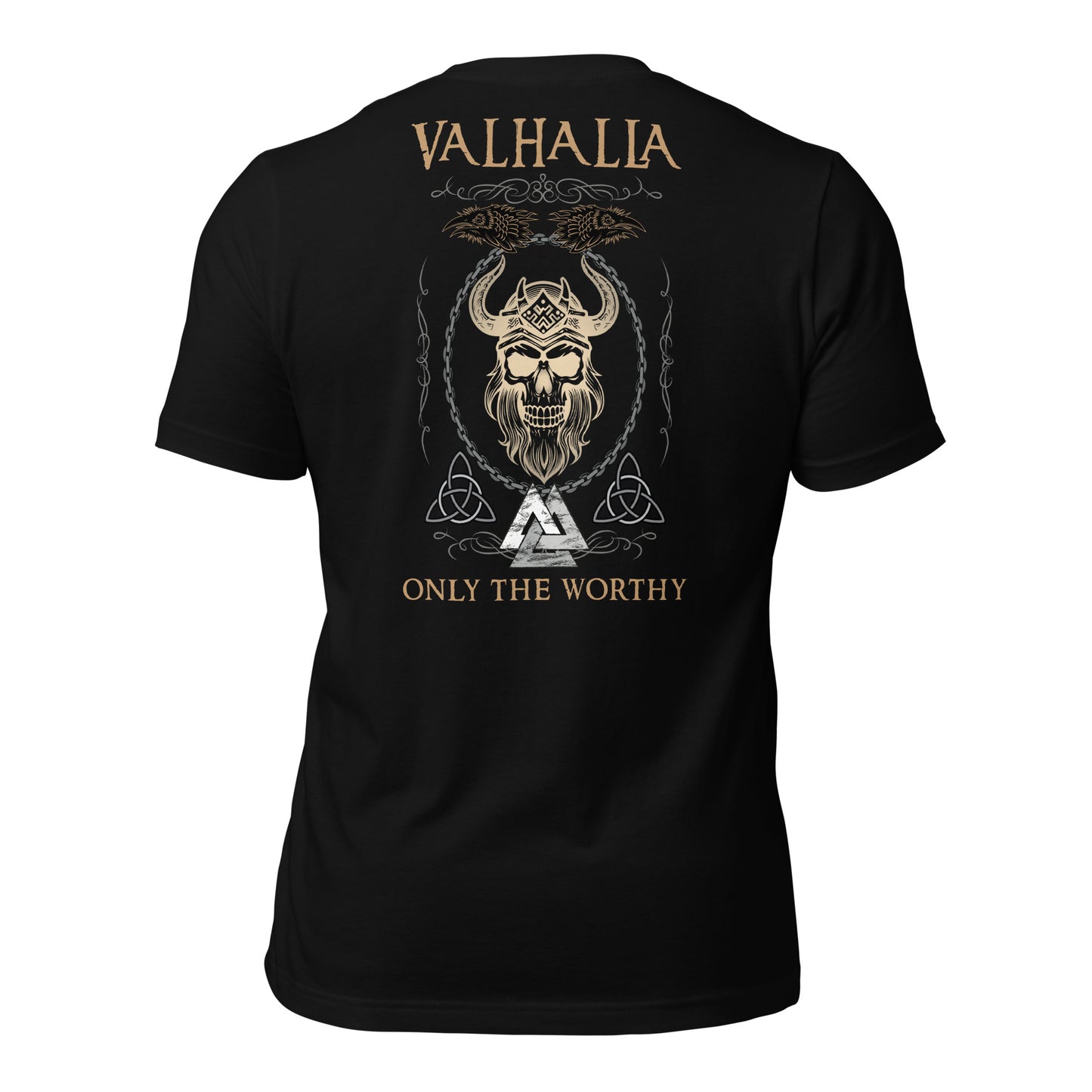 A black Valhalla Viking Warrior Shirt that says Valhalla Only the Worthy with a Viking skull and Valknut symbol created by Viking apparel company Midnight Gypsy Designs as part of their Viking Apparel clothing line. Perfect Odin God of War shirt, black Vikings shirt, Viking Odin shirt, Valhalla warrior shirt, Norse Viking tee, Norse mythology t-shirt, and pagan shirt for men.