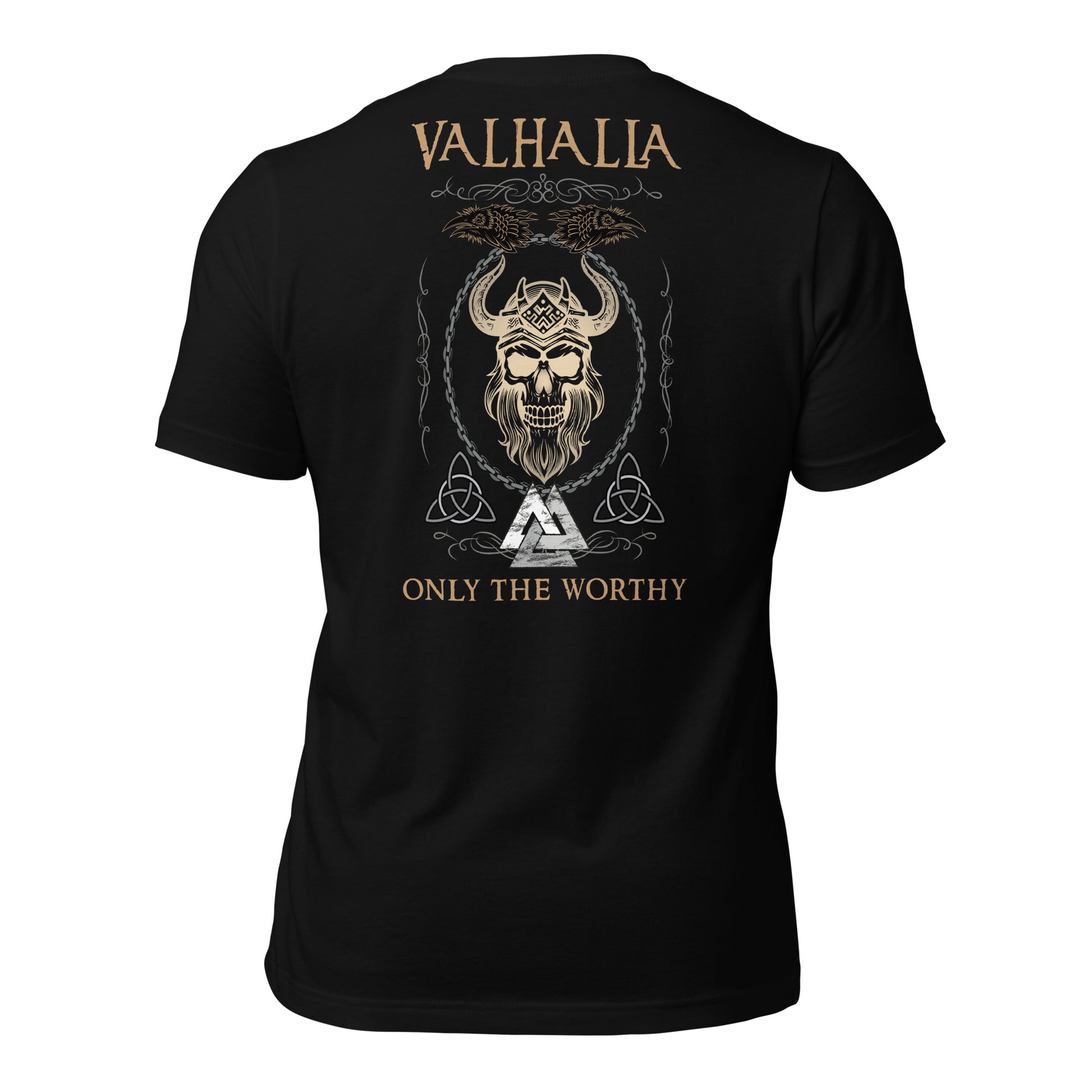 A black Valhalla Viking Warrior Shirt that says Valhalla Only the Worthy with a Viking skull and Valknut symbol created by Viking apparel company Midnight Gypsy Designs as part of their Viking Apparel clothing line. Perfect Odin God of War shirt, black Vikings shirt, Viking Odin shirt, Valhalla warrior shirt, Norse Viking tee, Norse mythology t-shirt, and pagan shirt for men.