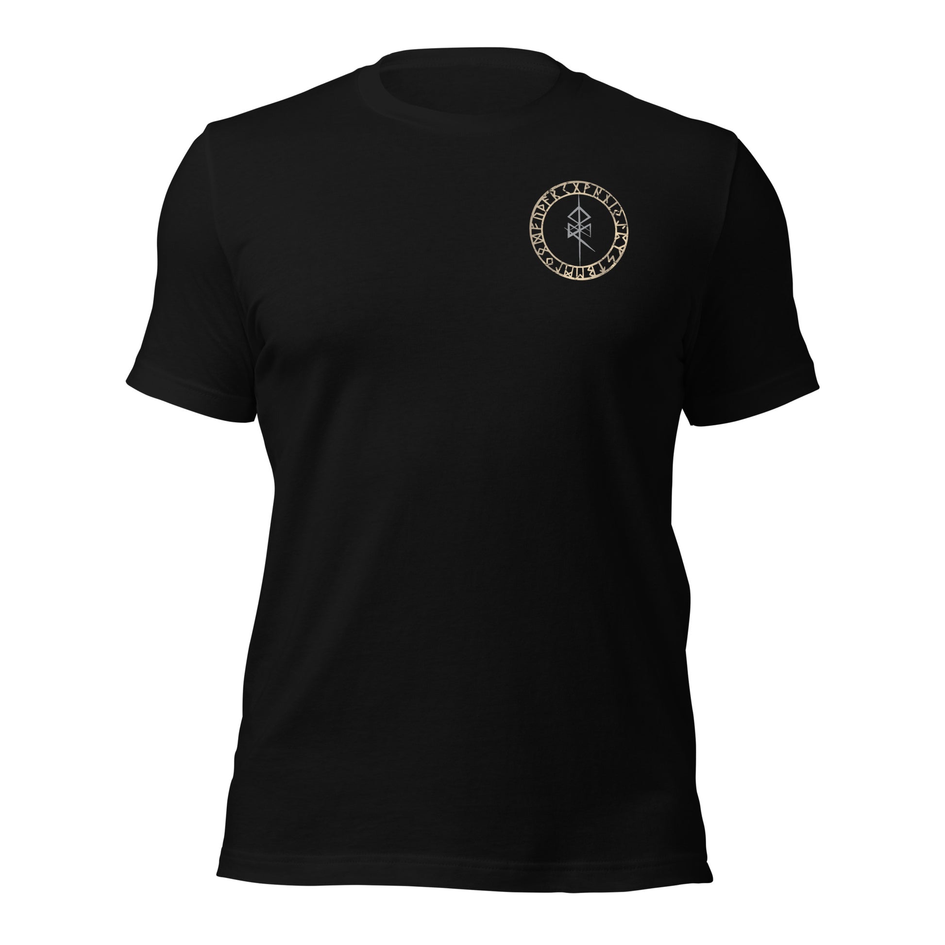 A black Valhalla Viking Warrior Shirt that says Valhalla Only the Worthy with a Viking skull and Valknut symbol on the back and the Odin Norse rune on the front in the center of the Viking compass vegvisir created by Viking apparel company Midnight Gypsy Designs as part of their Viking Apparel clothing line. Perfect Odin God of War shirt, black Vikings shirt, Viking Odin shirt, Valhalla warrior shirt, Norse Viking tee, Norse mythology t-shirt, and pagan shirt for men.