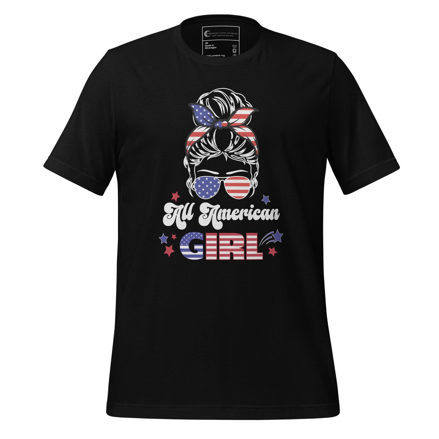 Black All American Girl t-shirt of a patriotic woman with a messy bun in her hair and patriotic aviator sunglasses with red and blue stars created by patriotic apparel clothing shop Midnight Gypsy Designs as part of their USA patriotic shirt line.