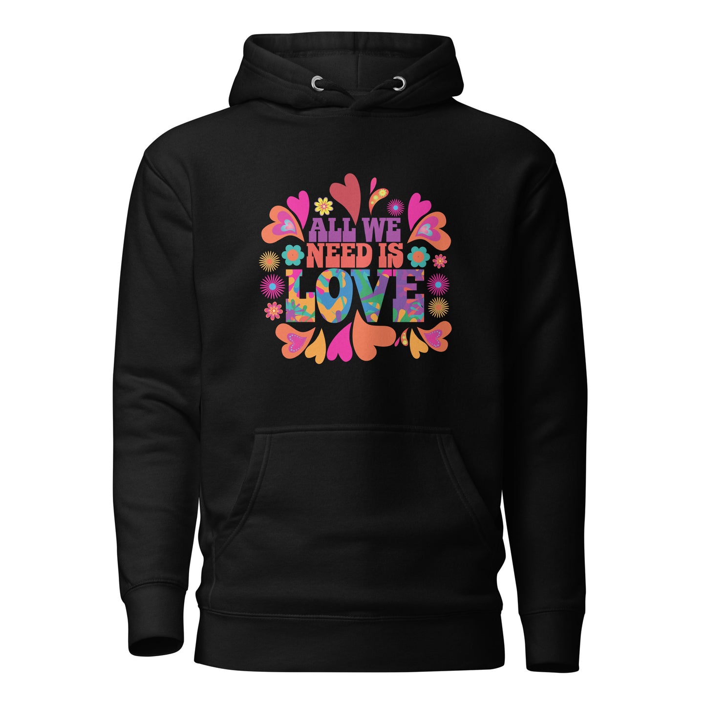 Black All We Need Is Love hoodie with colorful hearts and flowers created by apparel shop Midnight Gypsy Designs for mental health awareness. Kindness hoodie.