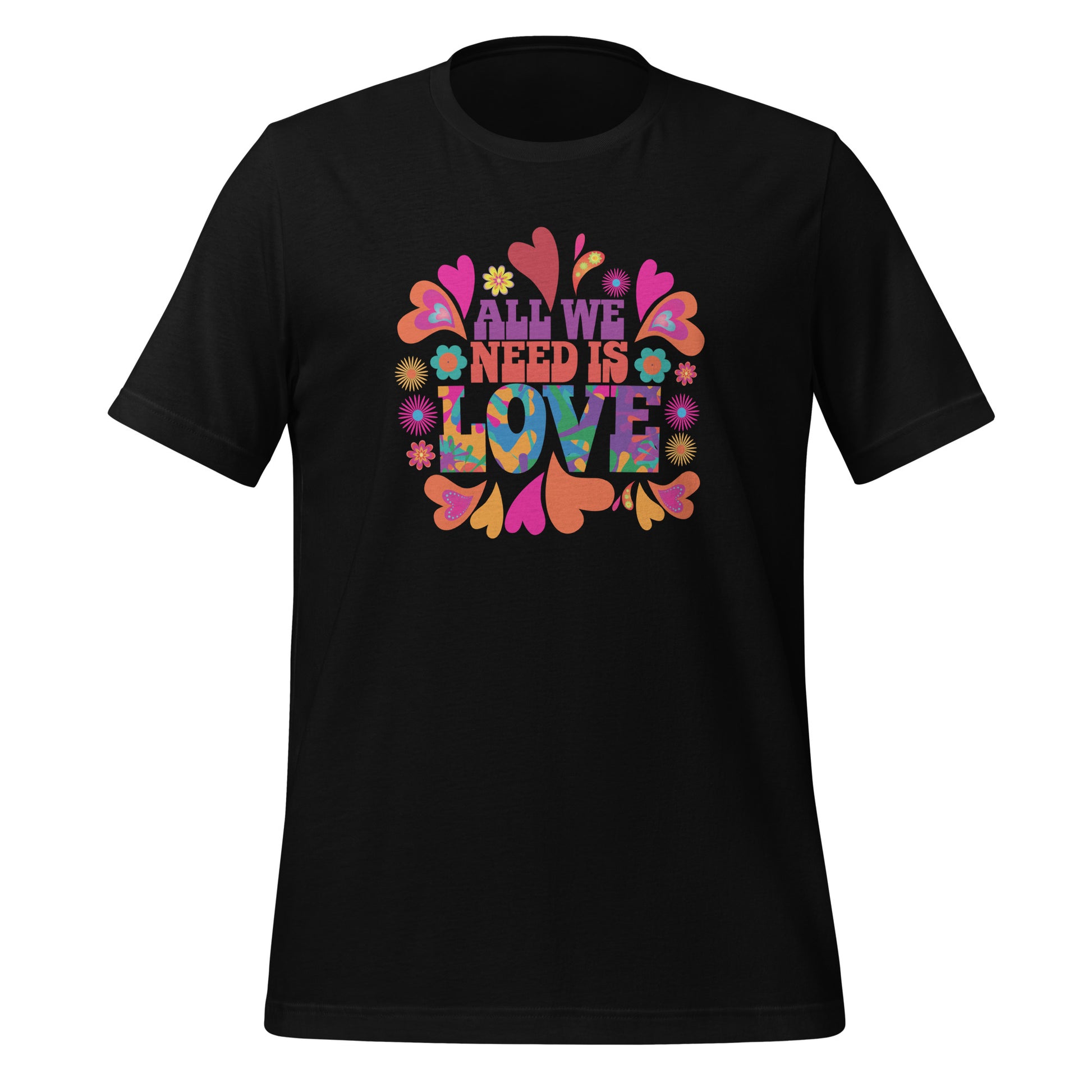 Vintage 1960 hippie t-shirt that reads All We Need Is Love T-shirt by Midnight Gypsy Designs apparel company.