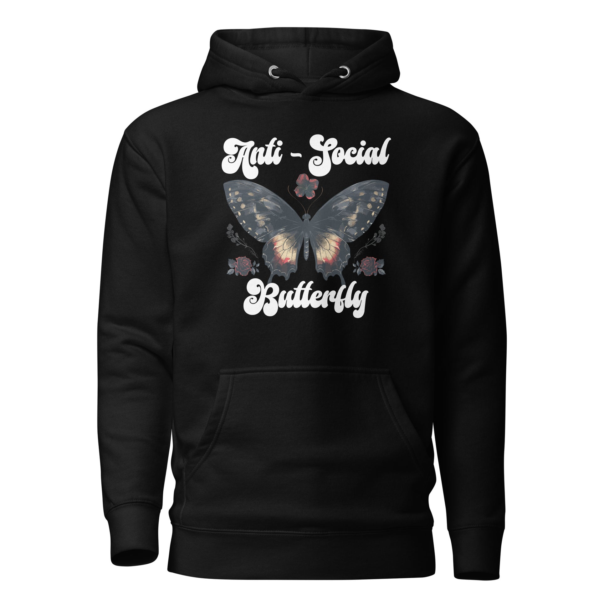 Black anti-social butterfly hoodie created by apparel shop Midnight Gypsy Designs featuring a cute boho butterfly with flowers.