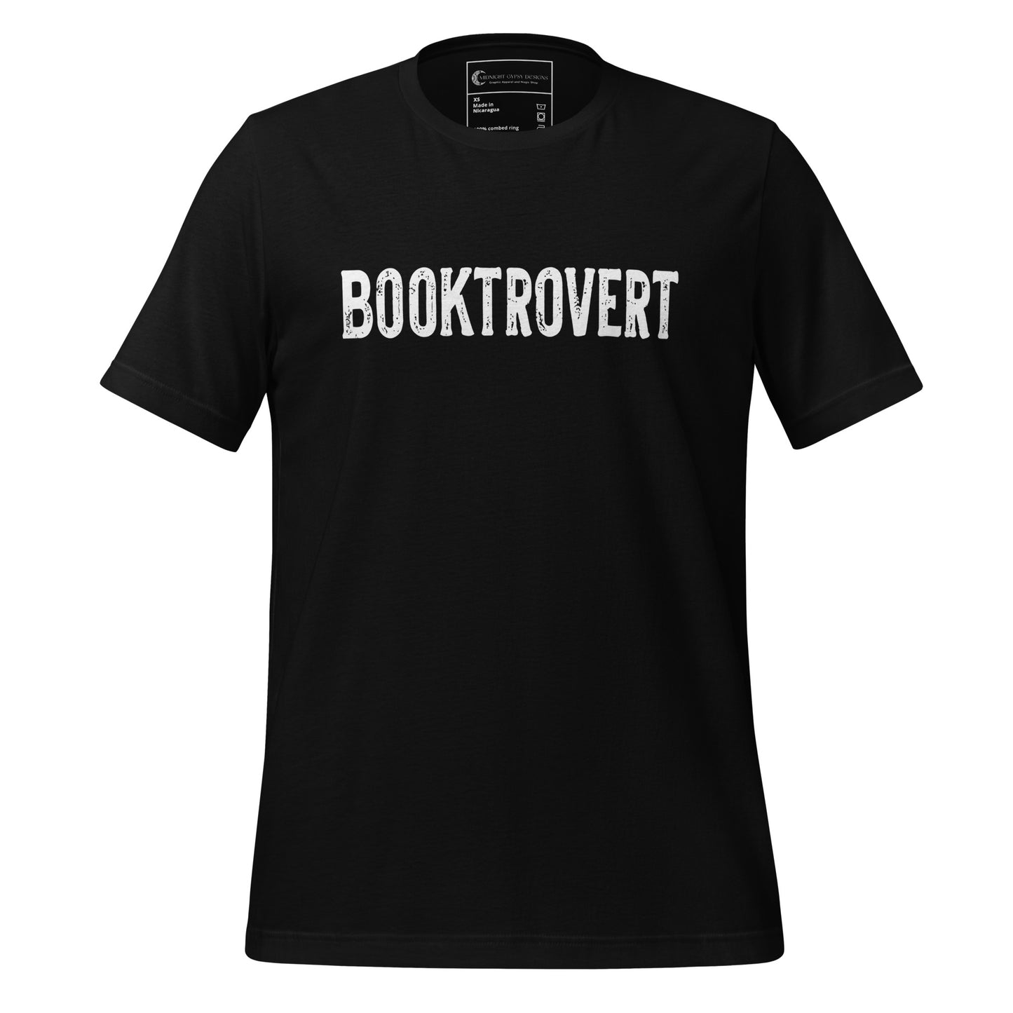 Black booktrovert definition shirt in bold white letters created by graphic apparel company Midnight Gypsy Designs as part of their bookish merch clothing line.