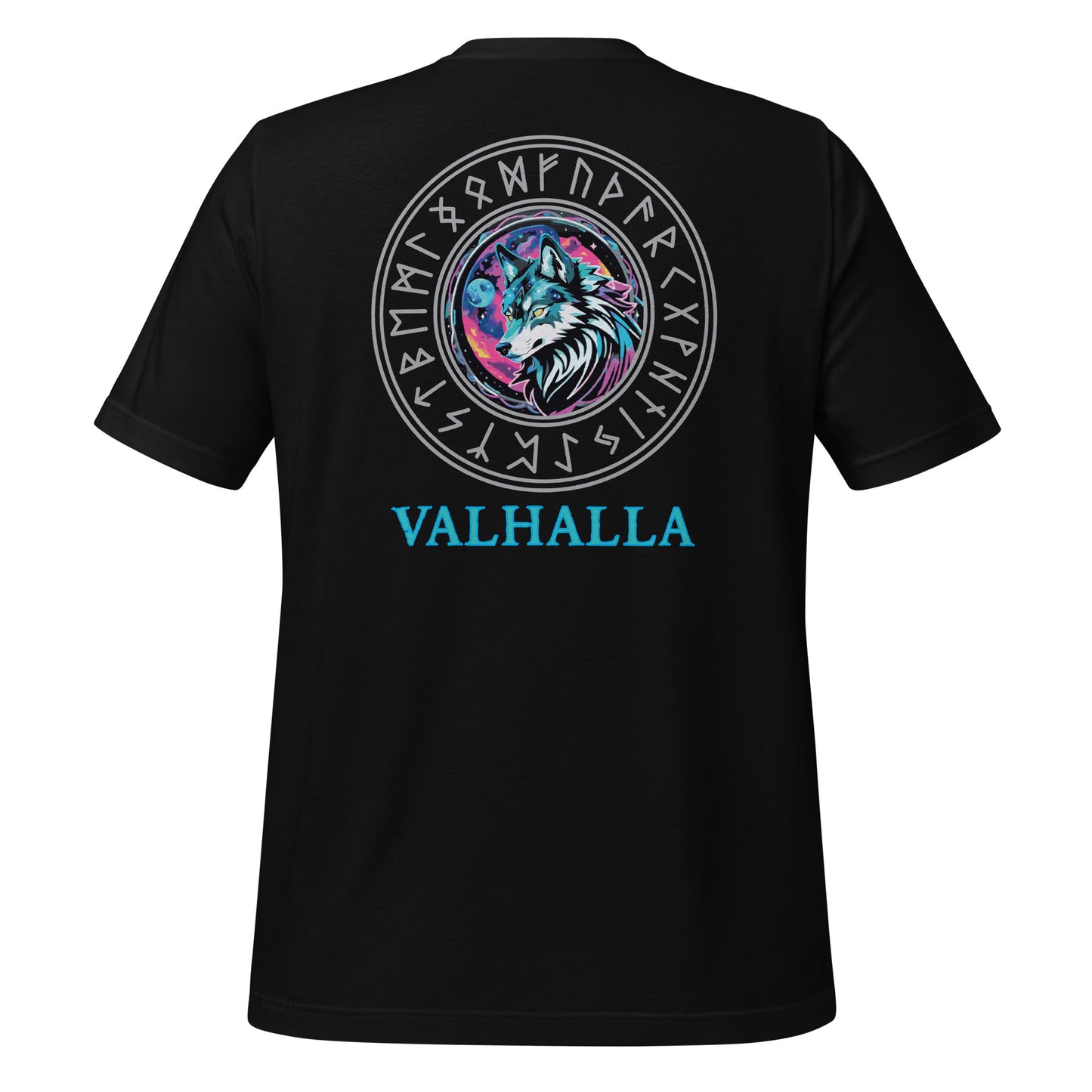 A black Fenrir Wolf Shirt for women with Valhalla in blue at the bottom and the Viking rune compass created by graphic apparel company Midnight Gypsy Designs as part of their Norse Viking t-shirt clothing line. Perfect Valhalla shirt for women, Norse Viking Warrior t-shirt, Shield-Maiden Warrior shirt, pagan shirt for women, and Viking Shield-Maiden shirt.