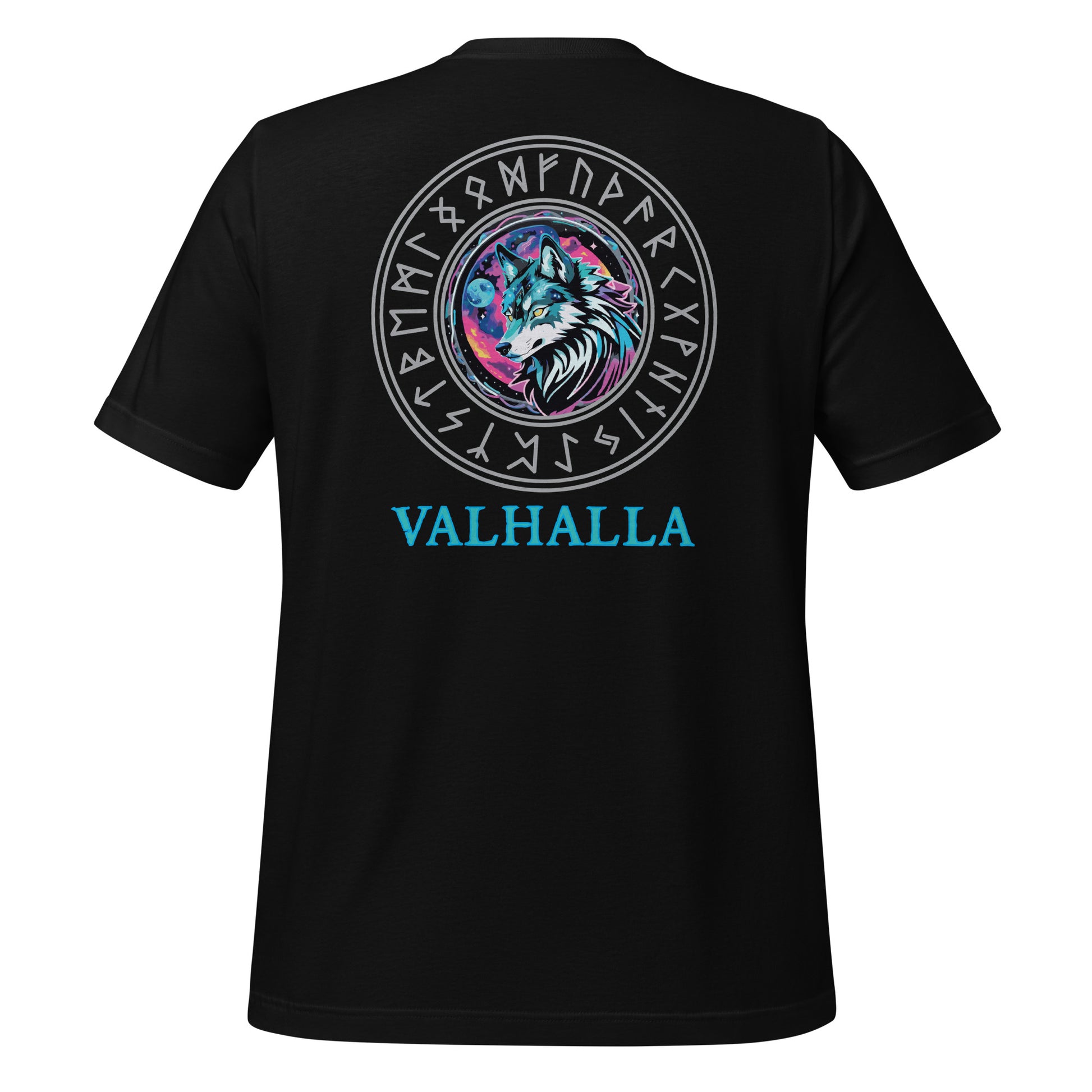 A black Fenrir Wolf Shirt for women with Valhalla in blue at the bottom and the Viking rune compass created by graphic apparel company Midnight Gypsy Designs as part of their Norse Viking t-shirt clothing line. Perfect Valhalla shirt for women, Norse Viking Warrior t-shirt, Shield-Maiden Warrior shirt, pagan shirt for women, and Viking Shield-Maiden shirt.