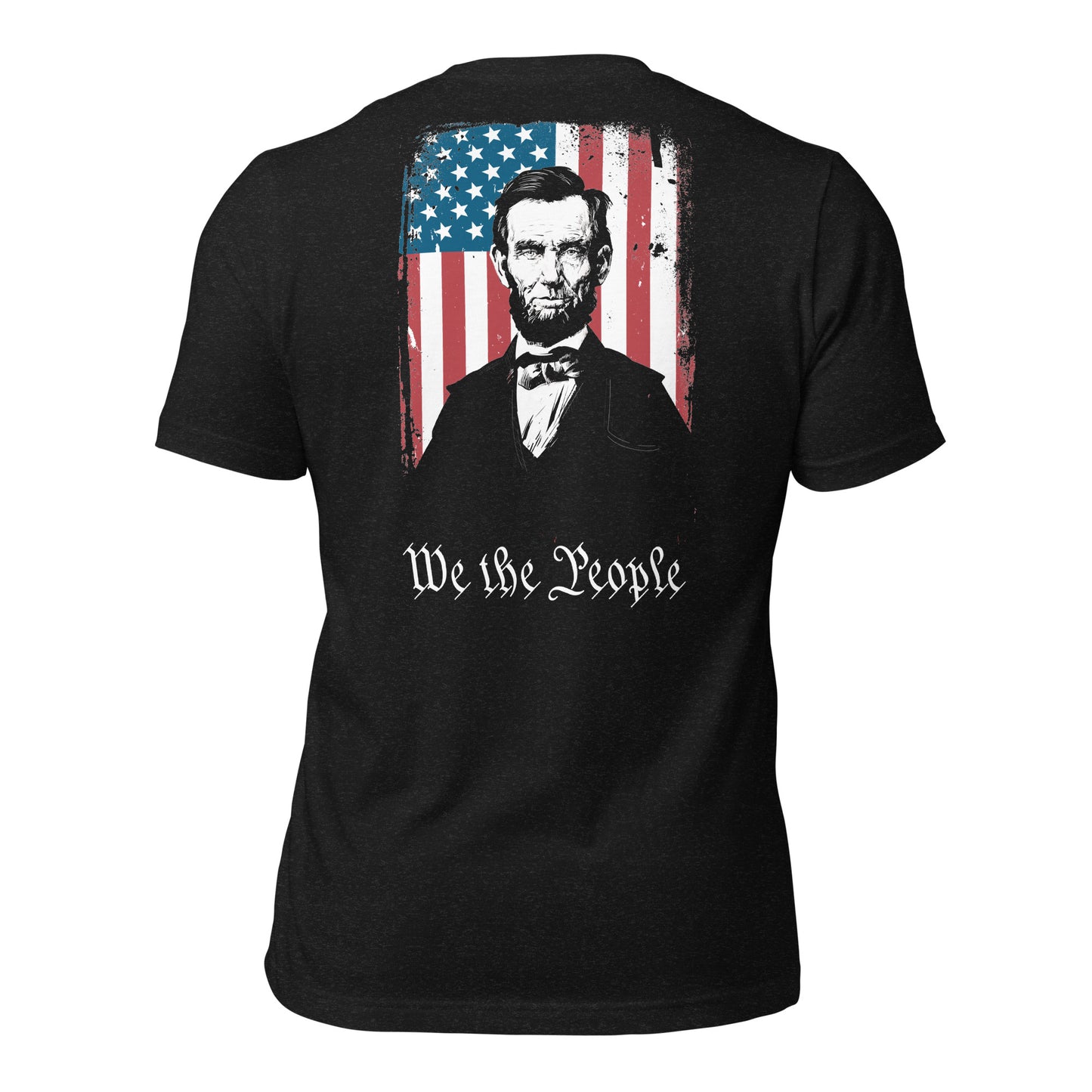 Black  heather We the People shirt with Abraham Lincoln with the USA flag. Perfect Abraham Lincoln shirt or USA military shirt for true patriots created by graphic apparel company Midnight Gypsy Designs.