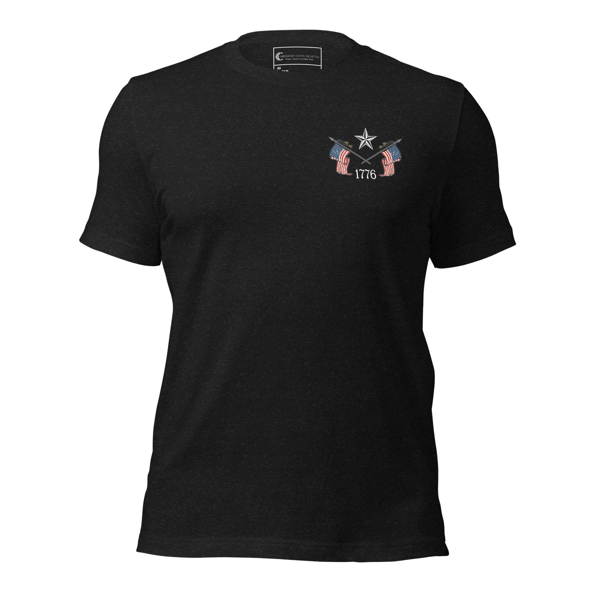 Black We the People shirt with Abraham Lincoln with the USA flag on the back and 1776 on the front. Perfect Abraham Lincoln shirt or USA military shirt for true patriots created by graphic apparel company Midnight Gypsy Designs.