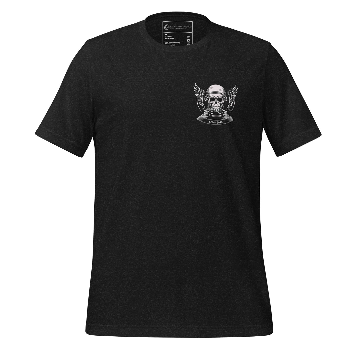 A black America Anniversary Patriotic shirt that says Liberty or death with the dates 1776 - 2026 and a military skull crushing a grenade with the American flag. Created by graphic apparel company Midnight Gypsy Designs as part of their Patriotic Apparel clothing line. Perfect USA patriotic shirt for the fourth of July or America's 250th Anniversary celebration.