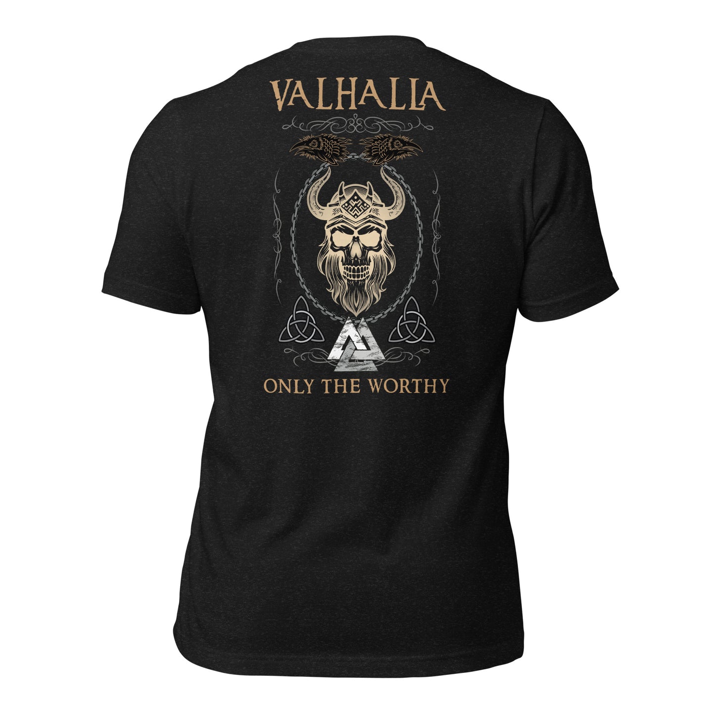 A black Valhalla Viking Warrior Shirt that says Valhalla Only the Worthy with a Viking skull and Valknut symbol created by Viking apparel company Midnight Gypsy Designs as part of their Viking Apparel clothing line. Perfect Odin God of War shirt, black Vikings shirt, Viking Odin shirt, Valhalla warrior shirt, Norse Viking tee, Norse mythology t-shirt, and pagan shirt for men.