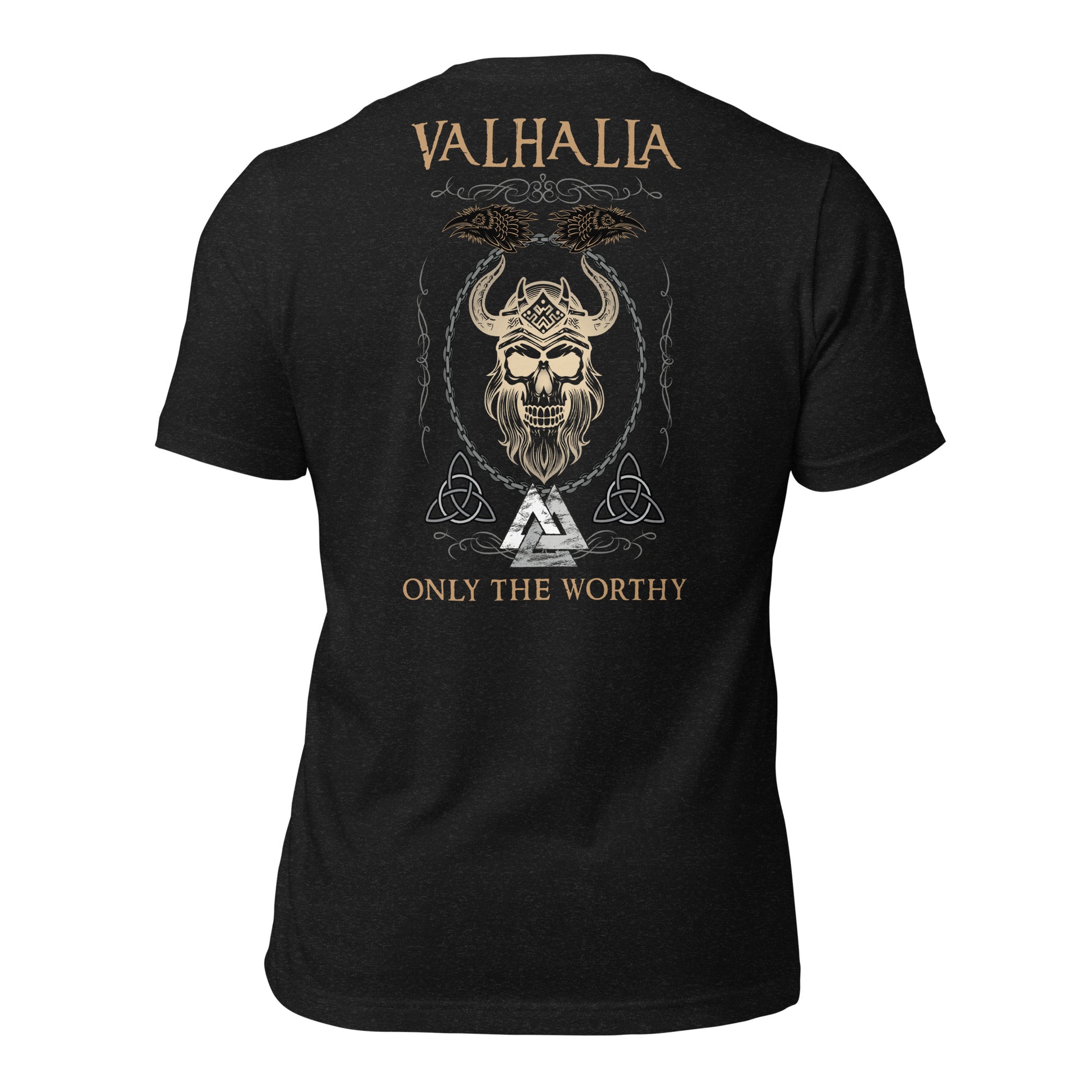 A black Valhalla Viking Warrior Shirt that says Valhalla Only the Worthy with a Viking skull and Valknut symbol created by Viking apparel company Midnight Gypsy Designs as part of their Viking Apparel clothing line. Perfect Odin God of War shirt, black Vikings shirt, Viking Odin shirt, Valhalla warrior shirt, Norse Viking tee, Norse mythology t-shirt, and pagan shirt for men.