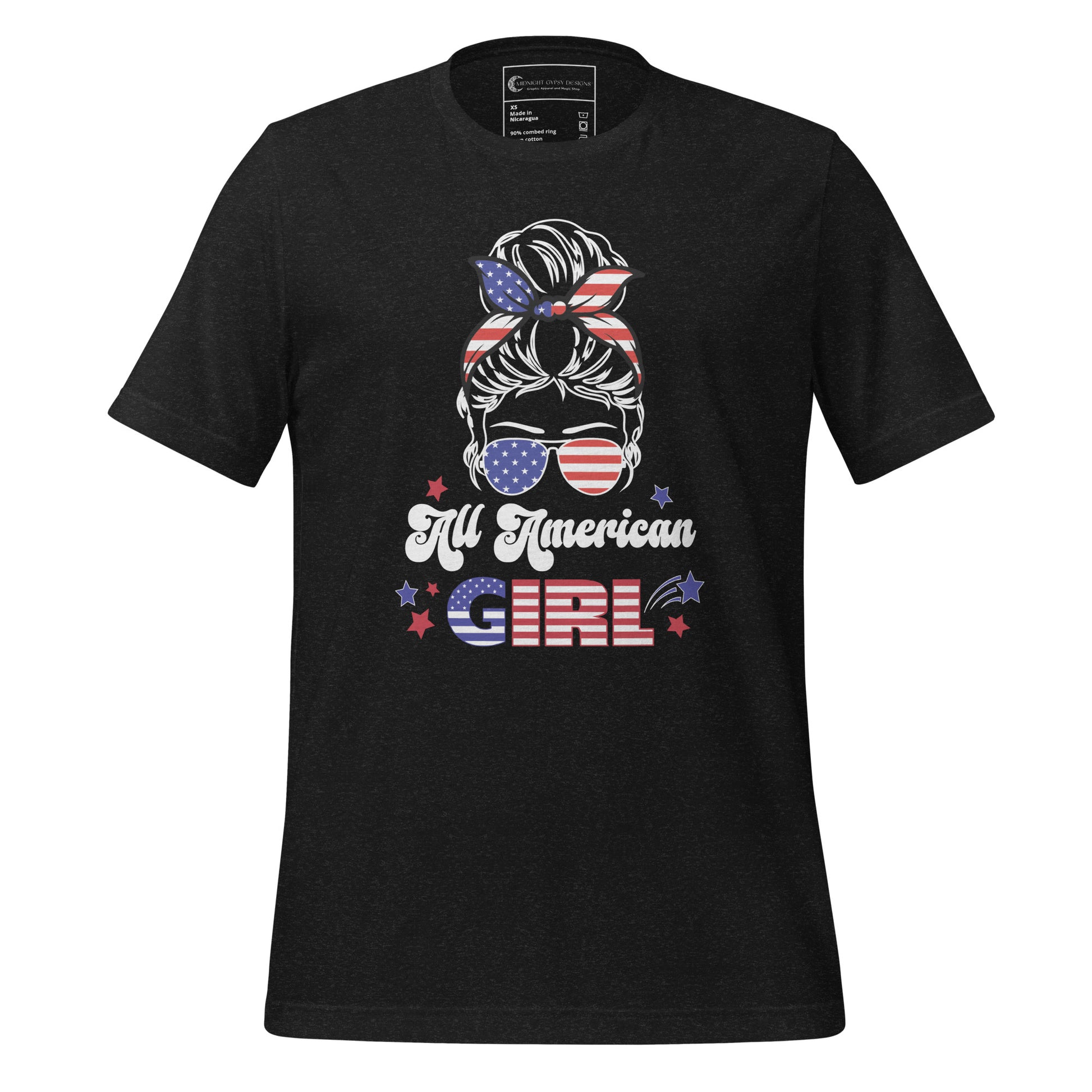 Black All American Girl t-shirt of a patriotic woman with a messy bun in her hair and patriotic aviator sunglasses with red and blue stars created by patriotic apparel clothing shop Midnight Gypsy Designs as part of their USA patriotic shirt line.