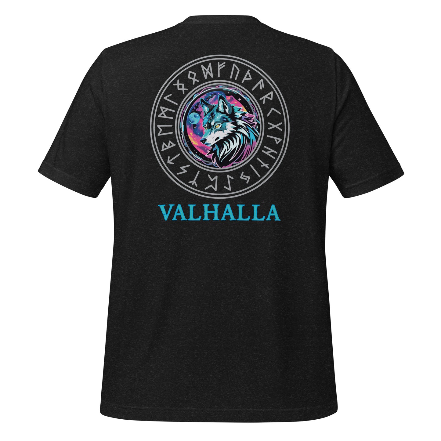 A black Fenrir Wolf Shirt for women with Valhalla in blue at the bottom and the Viking rune compass created by graphic apparel company Midnight Gypsy Designs as part of their Norse Viking t-shirt clothing line. Perfect Valhalla shirt for women, Norse Viking Warrior t-shirt, Shield-Maiden Warrior shirt, pagan shirt for women, and Viking Shield-Maiden shirt.