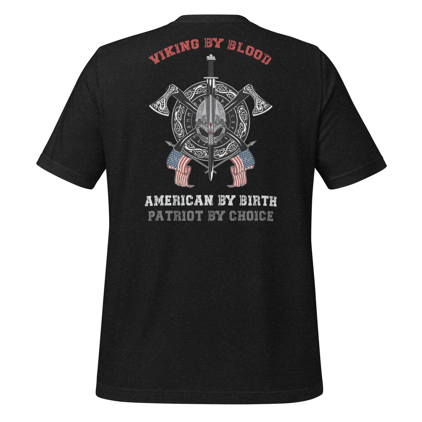 Heather Black Viking by Blood shirt with American flag and viking shield. Perfect viking warrior shirt, viking Valhalla shirt, or patriotic warrior shirt to celebrate viking heritage and American patriotism! Created by graphic apparel company Midnight Gypsy Designs!