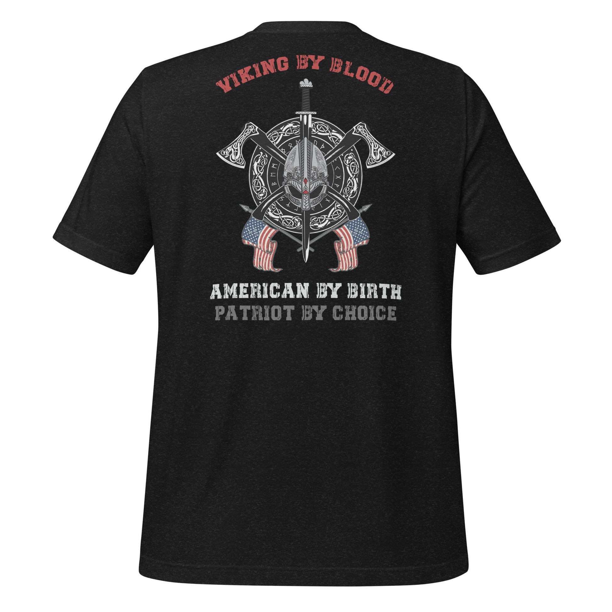 Heather Black Viking by Blood shirt with American flag and viking shield. Perfect viking warrior shirt, viking Valhalla shirt, or patriotic warrior shirt to celebrate viking heritage and American patriotism! Created by graphic apparel company Midnight Gypsy Designs!