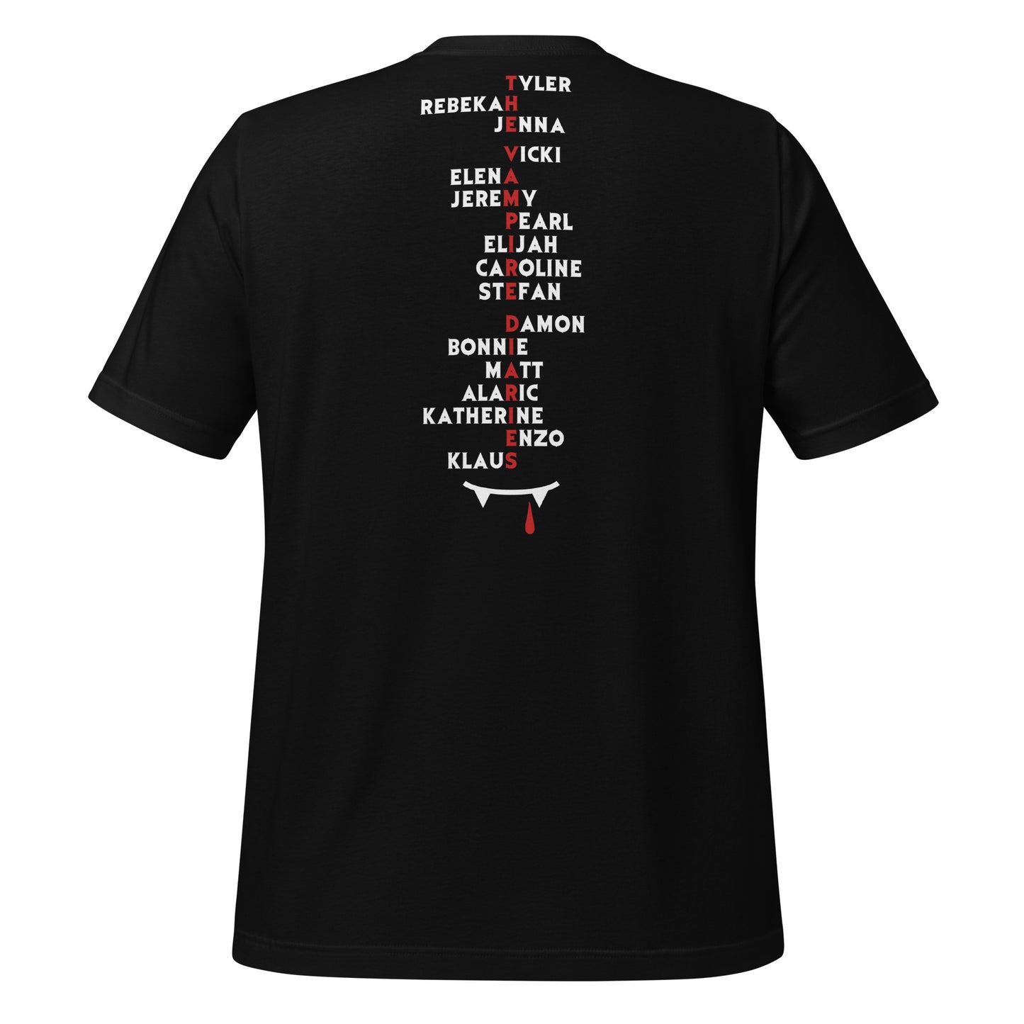 Black Mystic Falls Virginia shirt with character names on the back for the Vampire Diaries apparel line by fandom graphic shirt company Midnight Gypsy Designs.