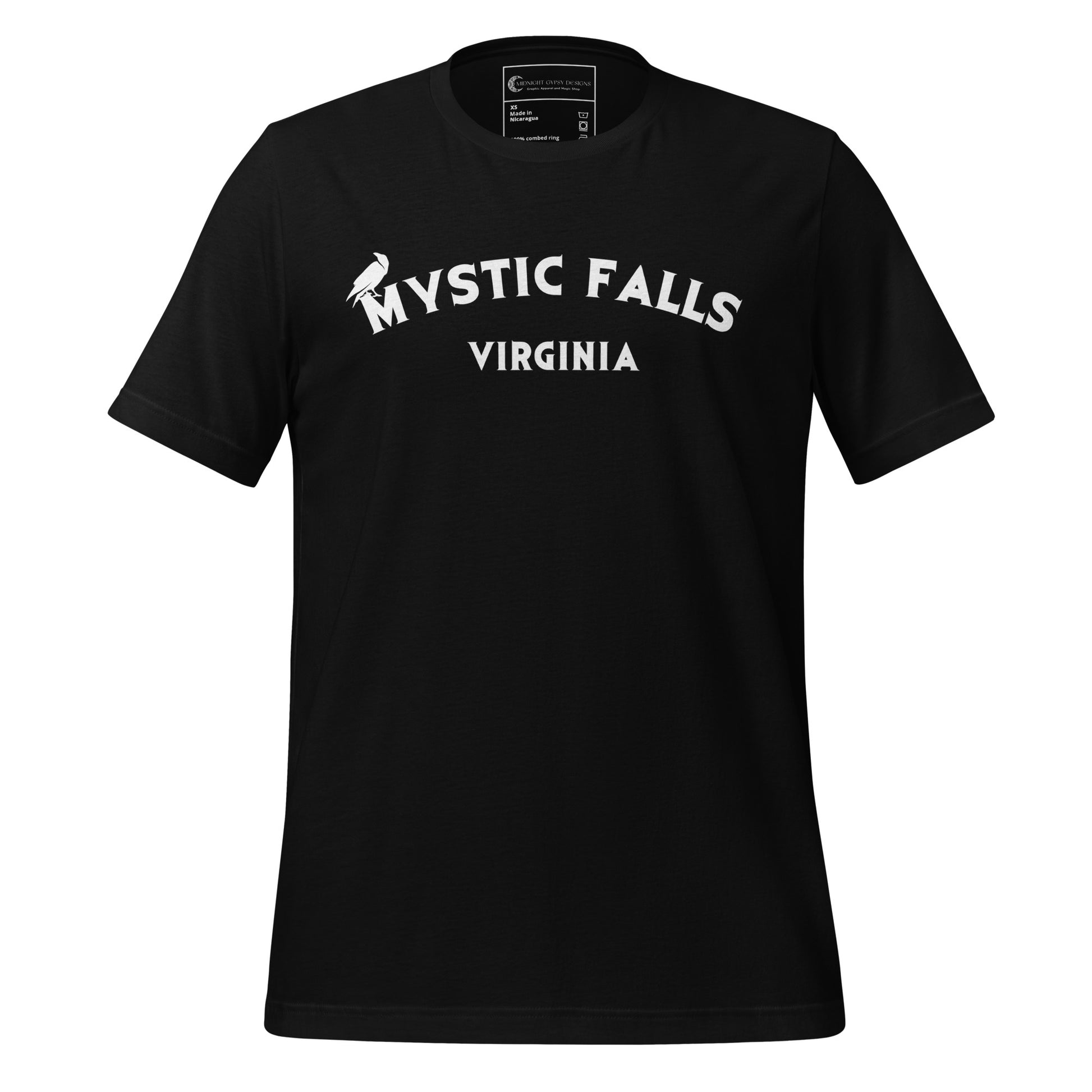 Black Mystic Falls Virginia shirt with crow on front for the Vampire Diaries apparel line by fandom graphic shirt company Midnight Gypsy Designs.