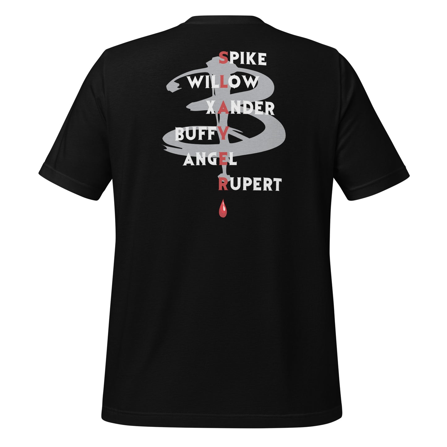 Black Scooby Gang Buffy the Vampire Slayer T-shirt with the character names Spike, Willow, Xander, Buffy, Angel, and Rupert on the back with the word Slayer in red and a red blood drip created by fandom graphic apparel company Midnight Gypsy Designs as part of their Buffy the Vampire Slayer clothing line.