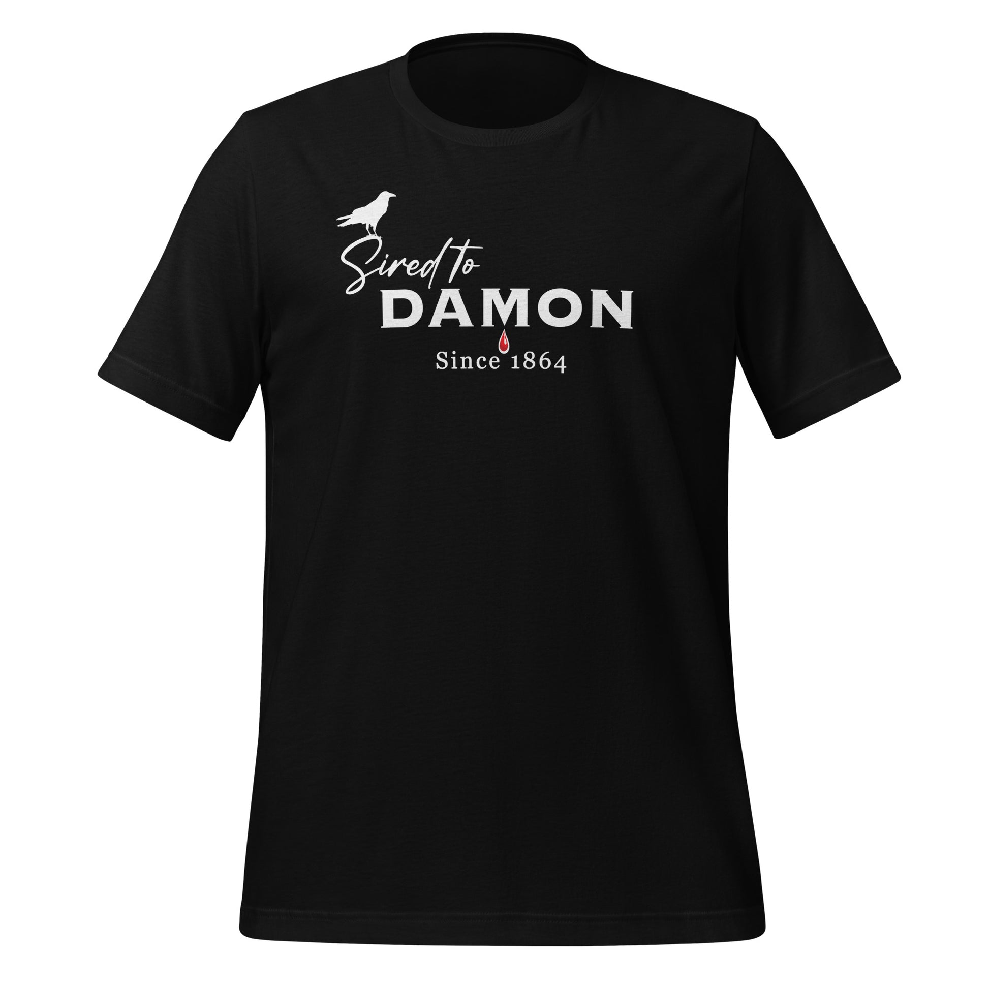 Black The Vampire Diaries Sired to Damon Since 1864 t-shirt with a crow and blood drip created by fandom graphic apparel company Midnight Gypsy Designs as part of their The Vampire Diaries clothing line. Perfect Damon Salvatore shirt and Team Damon shirt.