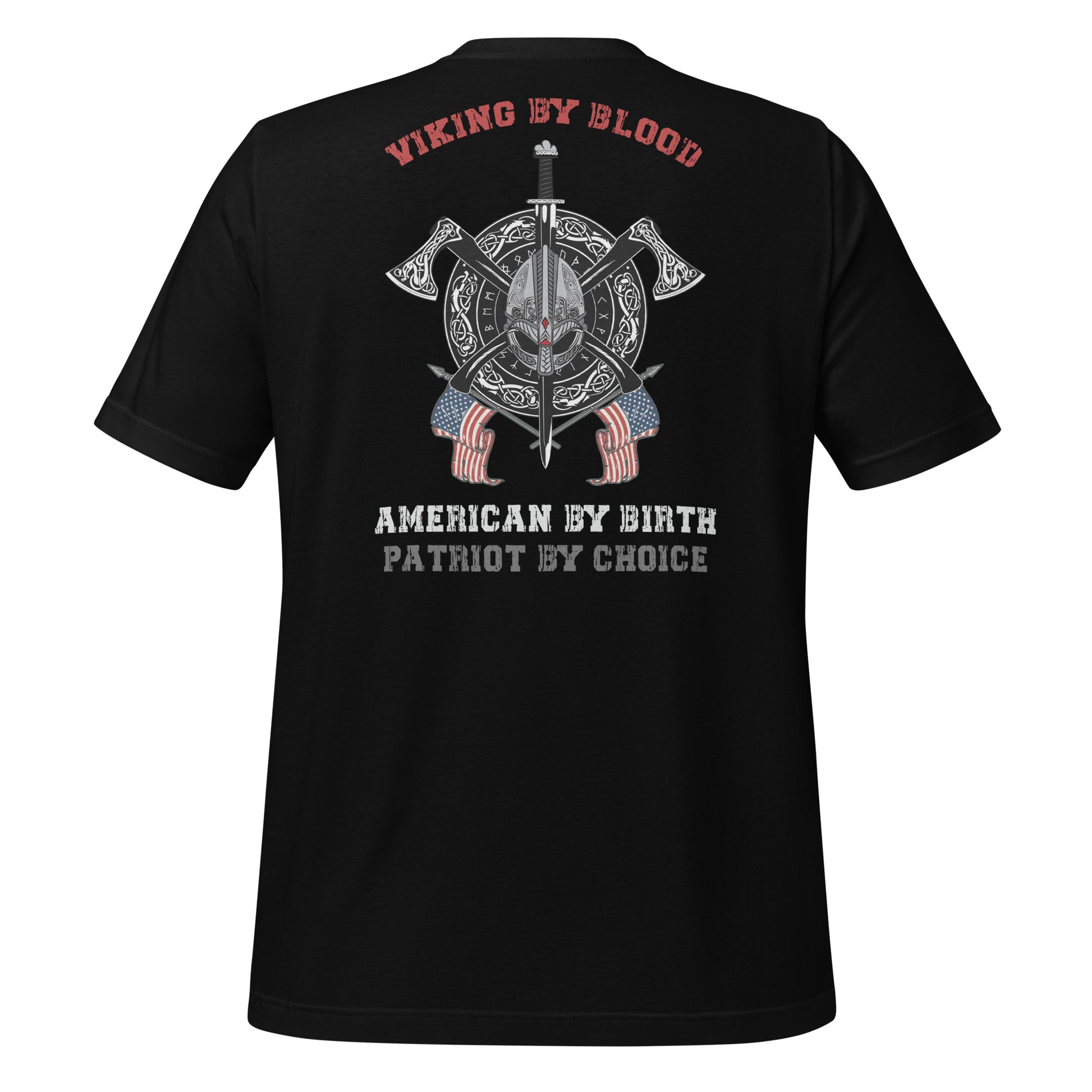 Black Viking by Blood shirt with American flag and viking shield. Perfect viking warrior shirt, viking Valhalla shirt, USA patriotic shirt, or patriotic warrior shirt to celebrate viking heritage and American patriotism! Created by graphic apparel company Midnight Gypsy Designs!