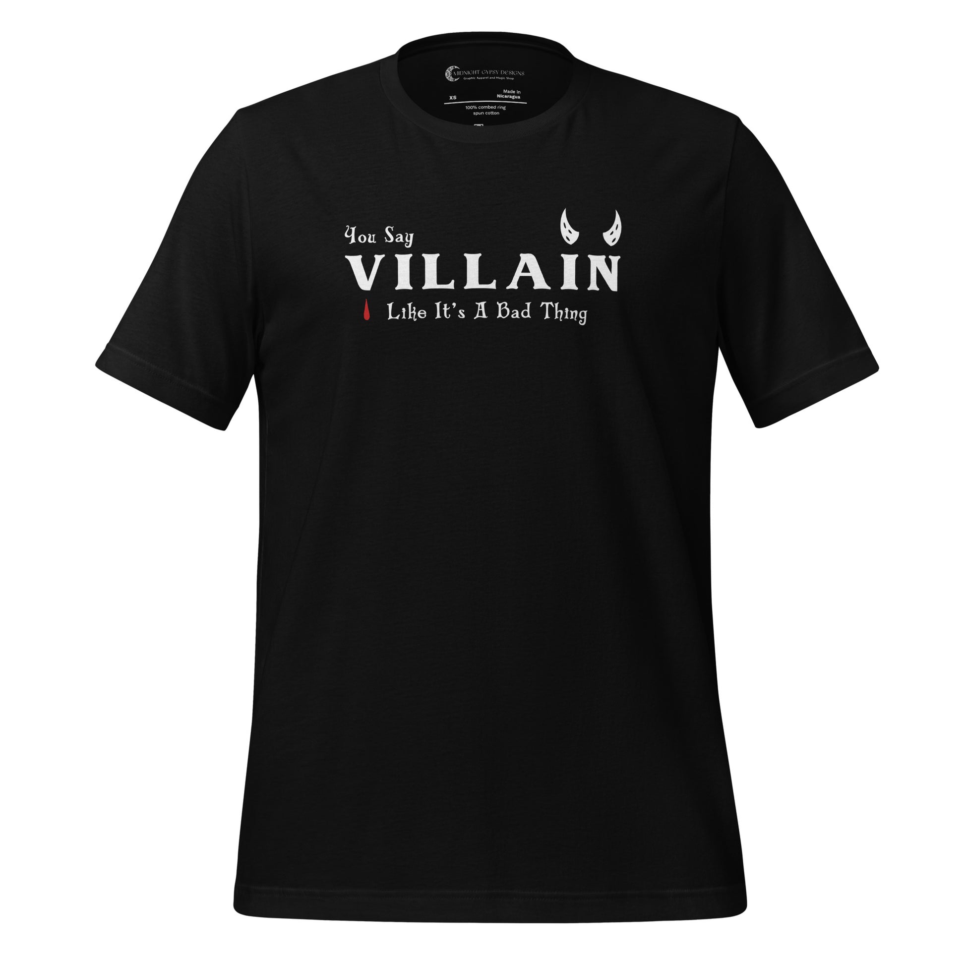 Black Villain shirt that says You Say Villain Like It's A Bad Thing created by graphic apparel company Midnight Gypsy Designs. Cute villain shirt, dark fantasy shirt, villain book shirt, villain bookish shirt, villain lover shirt, villain lover t-shirt, villain bookish t-shirt, cute Halloween shirt, devil villain tee, villain book merch, anti-hero bookish shirt, Disney villain shirt, and dark fantasy book shirt.