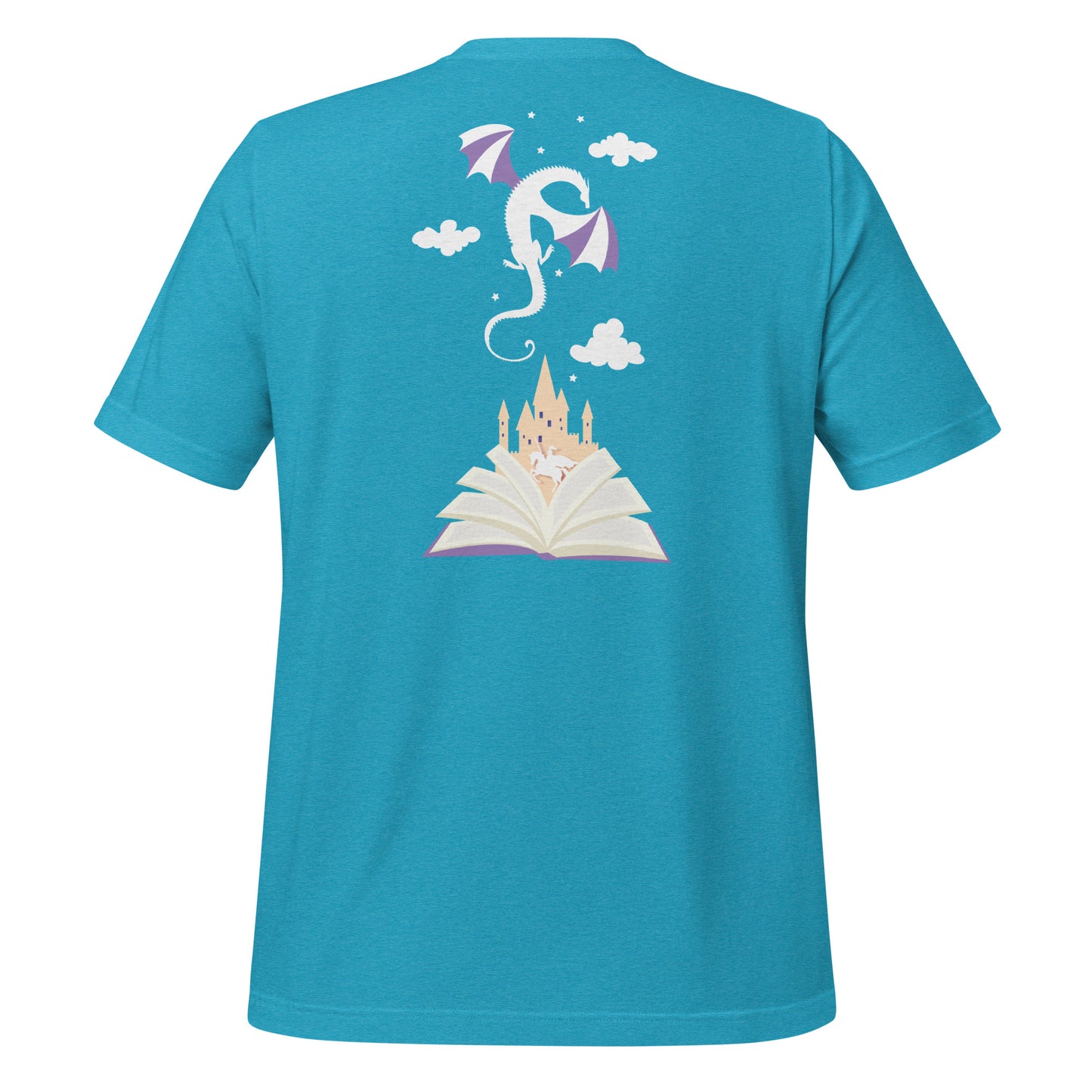 Blue reading is magic shirt with a dragon flying in clouds and stars over a castle and open book created by graphic apparel company Midnight Gypsy Designs as part of their bookish merch apparel line.