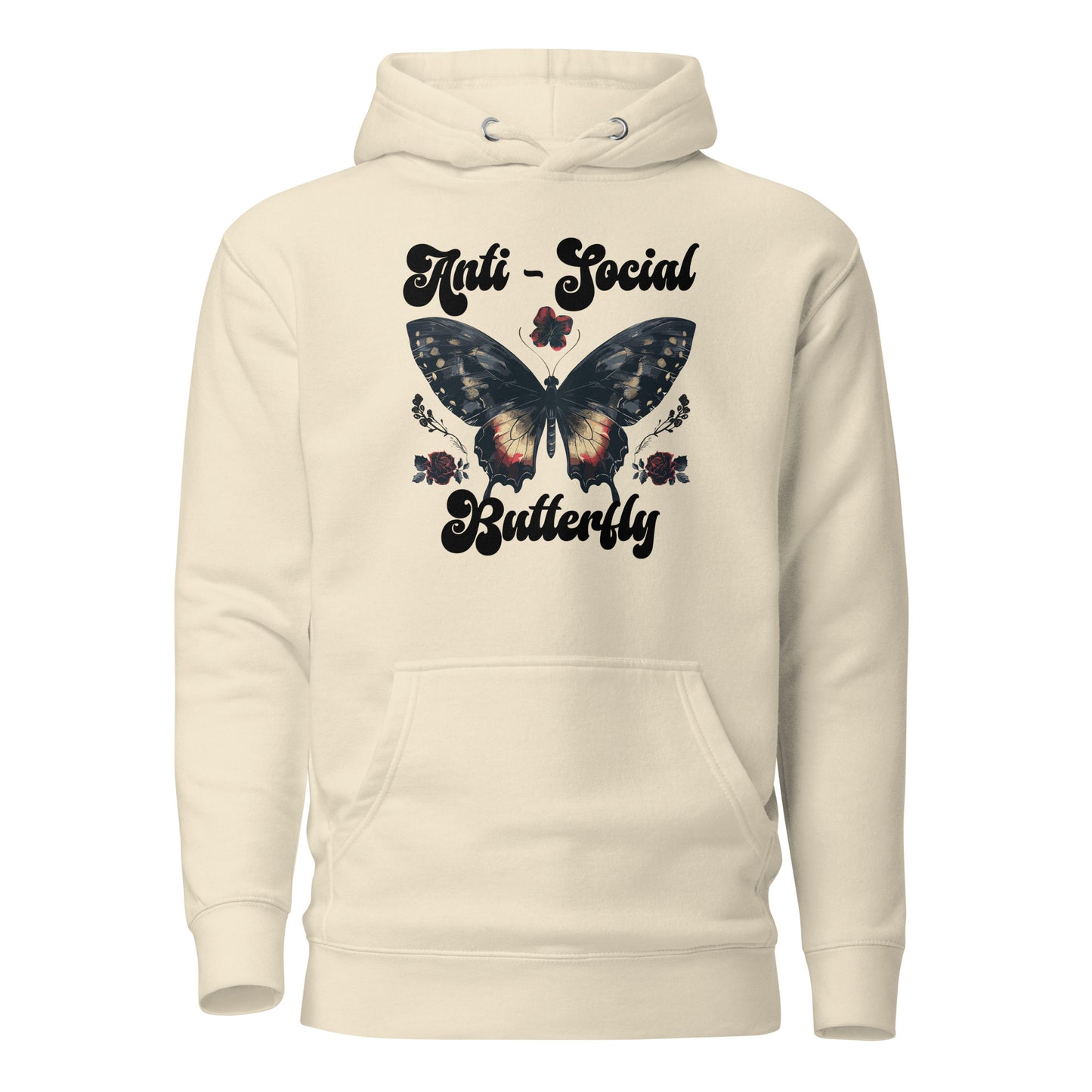 Bone anti-social butterfly hoodie created by apparel shop Midnight Gypsy Designs featuring a cute boho butterfly with flowers.