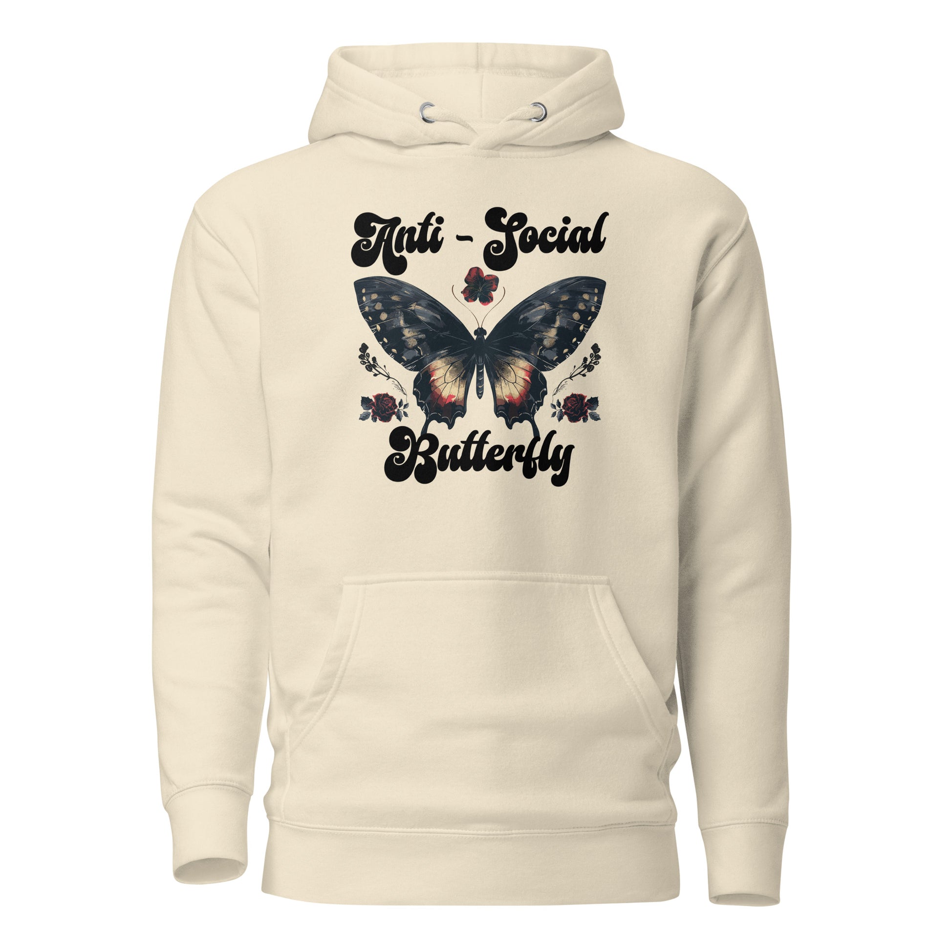 Bone anti-social butterfly hoodie created by apparel shop Midnight Gypsy Designs featuring a cute boho butterfly with flowers.