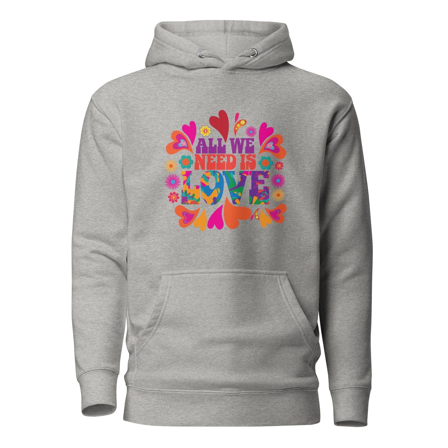 Carbon grey All We Need Is Love hoodie with colorful hearts and flowers created by apparel shop Midnight Gypsy Designs for mental health awareness. Kindness hoodie.