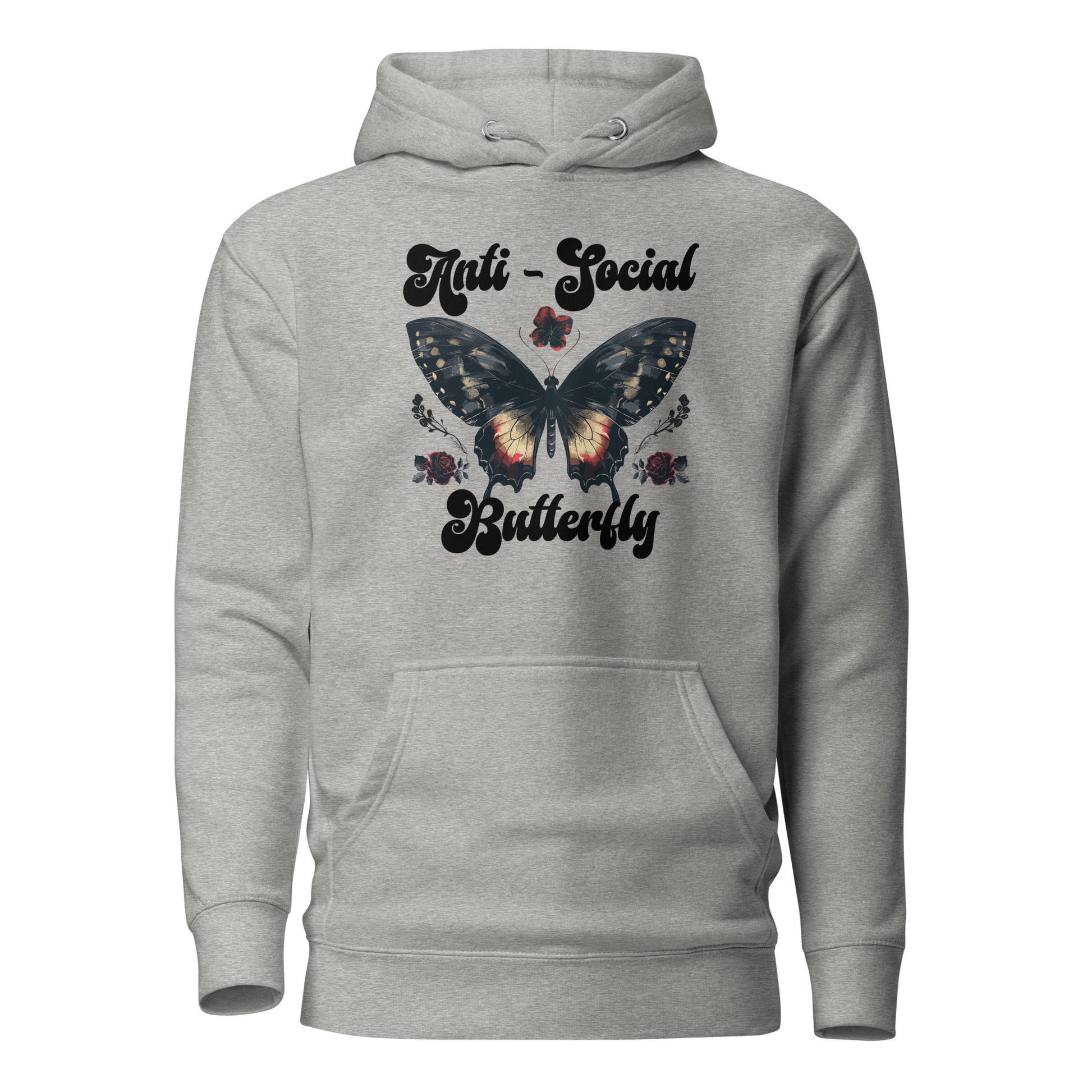 Carbon grey anti-social butterfly hoodie created by apparel shop Midnight Gypsy Designs featuring a cute boho butterfly with flowers.