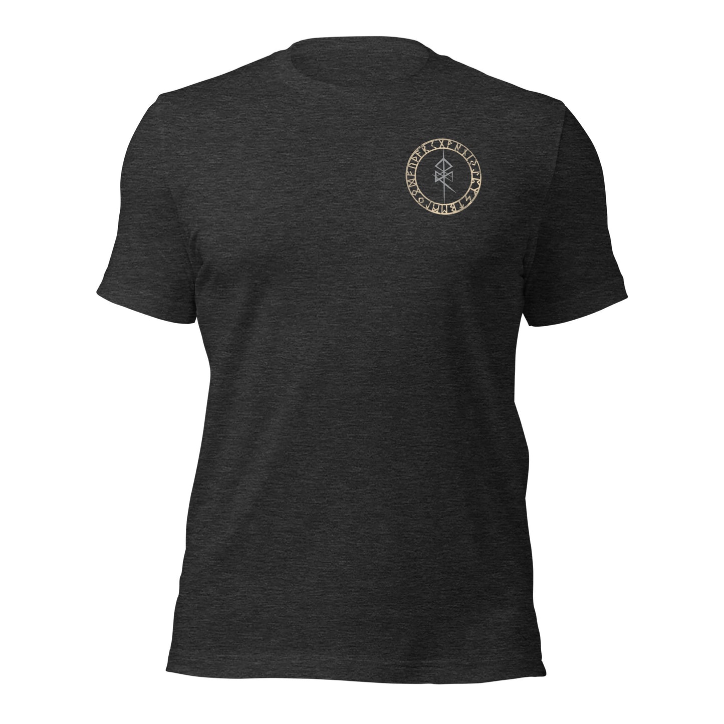 A dark grey Valhalla Viking Warrior Shirt that says Valhalla Only the Worthy with a Viking skull and Valknut symbol on the back and the Odin Norse rune on the front in the center of the Viking compass vegvisir created by Viking apparel company Midnight Gypsy Designs as part of their Viking Apparel clothing line. Perfect Odin God of War shirt, black Vikings shirt, Viking Odin shirt, Valhalla warrior shirt, Norse Viking tee, Norse mythology t-shirt, and pagan shirt for men.