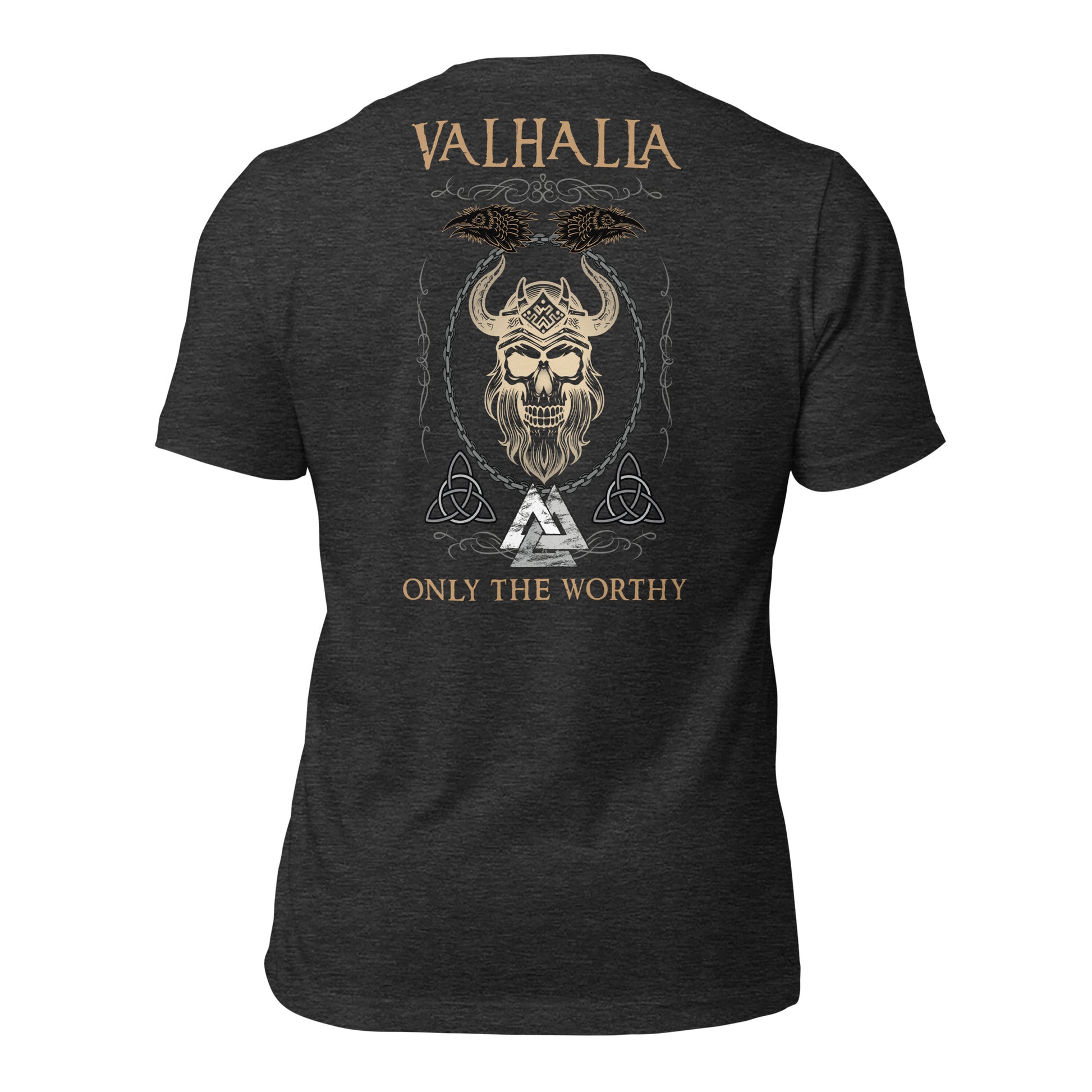 A dark grey Valhalla Viking Warrior Shirt that says Valhalla Only the Worthy with a Viking skull and Valknut symbol created by Viking apparel company Midnight Gypsy Designs as part of their Viking Apparel clothing line. Perfect Odin God of War shirt, black Vikings shirt, Viking Odin shirt, Valhalla warrior shirt, Norse Viking tee, Norse mythology t-shirt, and pagan shirt for men.