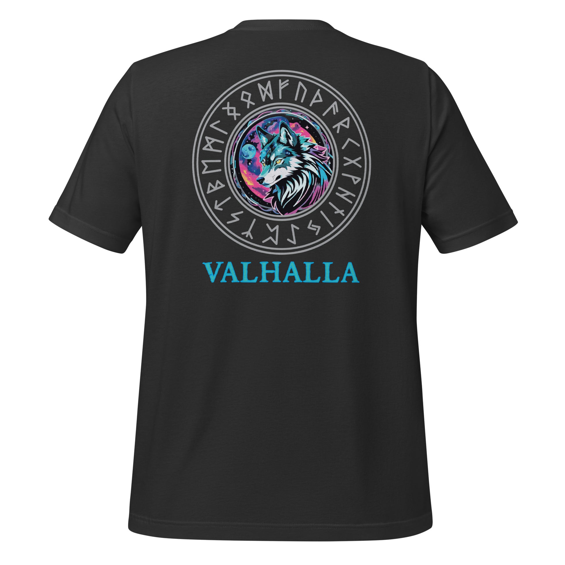 A dark grey Fenrir Wolf Shirt for women with Valhalla in blue at the bottom and the Viking rune compass created by graphic apparel company Midnight Gypsy Designs as part of their Norse Viking t-shirt clothing line. Perfect Valhalla shirt for women, Norse Viking Warrior t-shirt, Shield-Maiden Warrior shirt, pagan shirt for women, and Viking Shield-Maiden shirt.