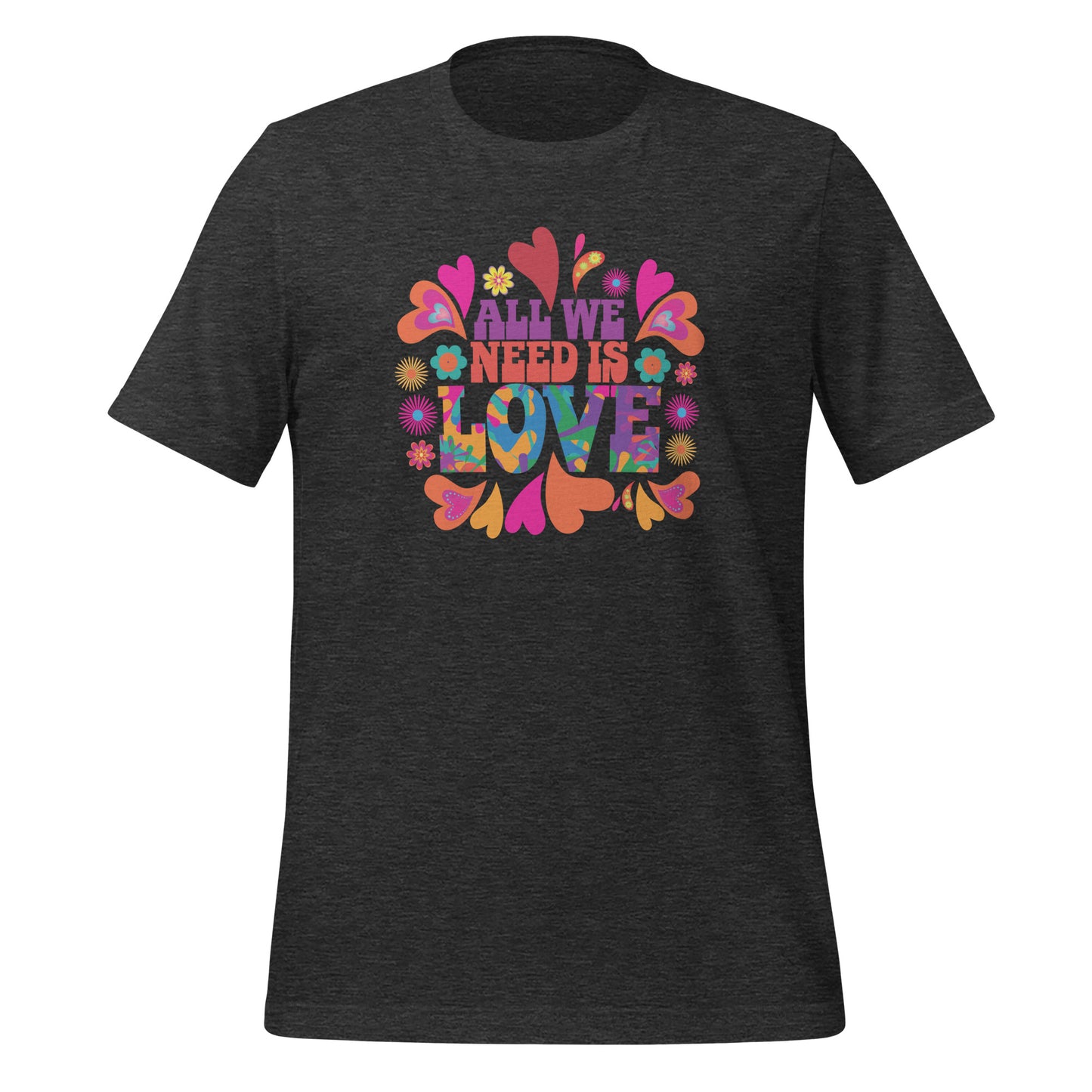 Vintage 1960 hippie t-shirt that reads All We Need Is Love T-shirt by Midnight Gypsy Designs apparel company.