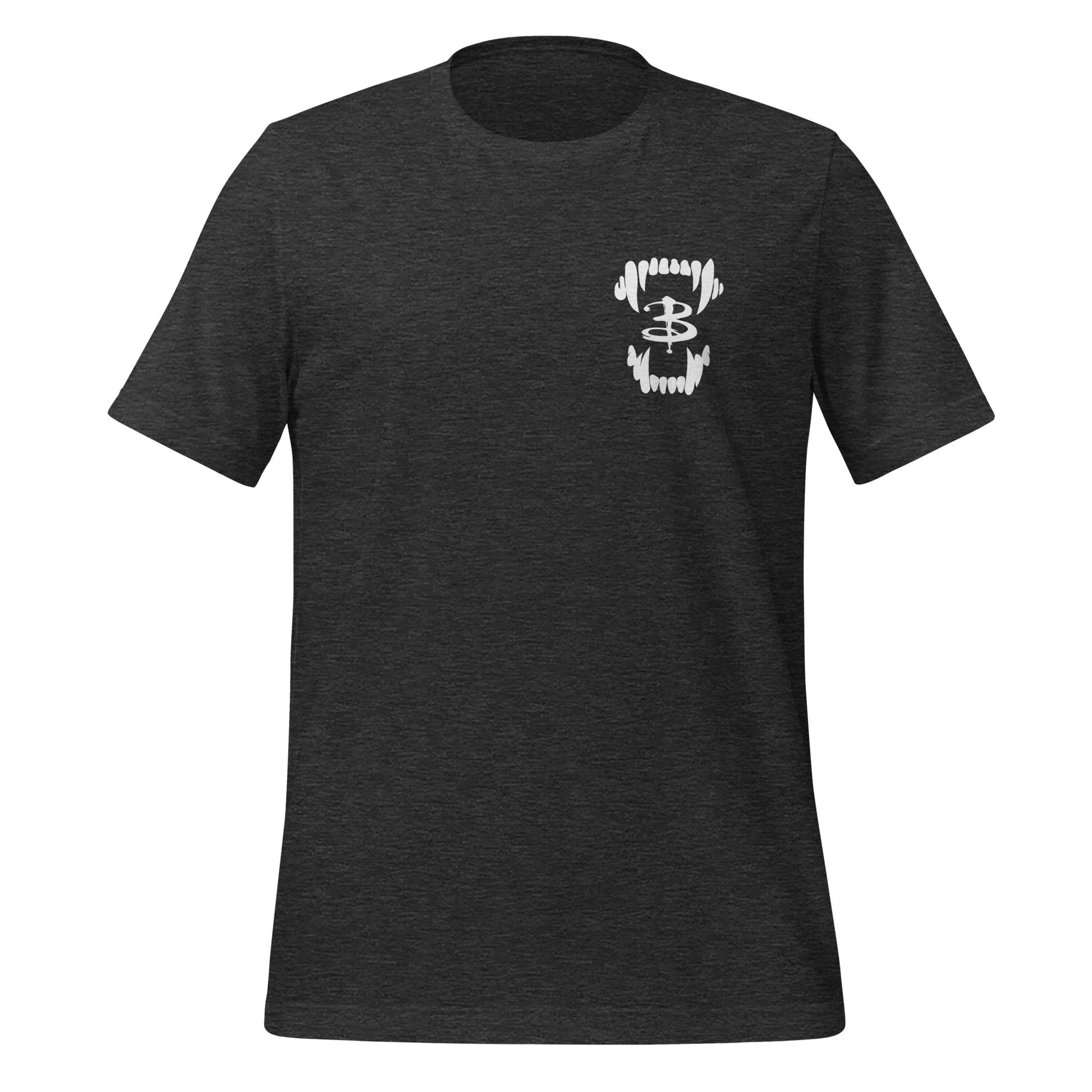 Dark grey Scooby Gang Buffy the Vampire Slayer T-shirt with vampire teeth on the front and the character names Spike, Willow, Xander, Buffy, Angel, and Rupert on the back with the word Slayer in red and a red blood drip created by fandom graphic apparel company Midnight Gypsy Designs as part of their Buffy the Vampire Slayer clothing line.
