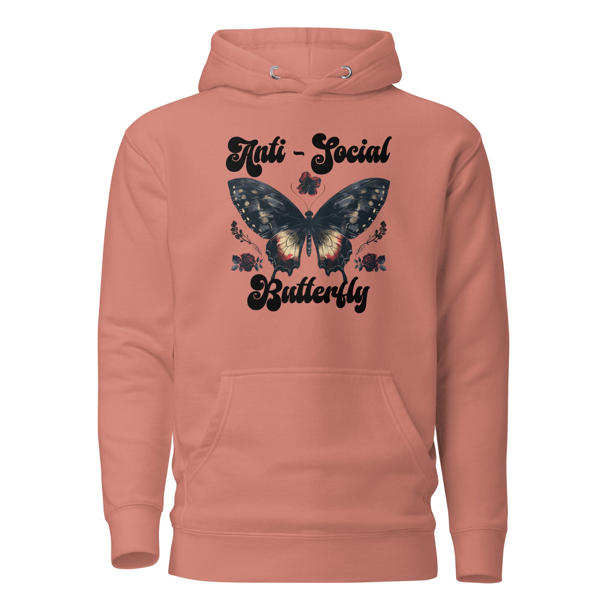 Dusty rose anti-social butterfly hoodie created by apparel shop Midnight Gypsy Designs featuring a cute boho butterfly with flowers.