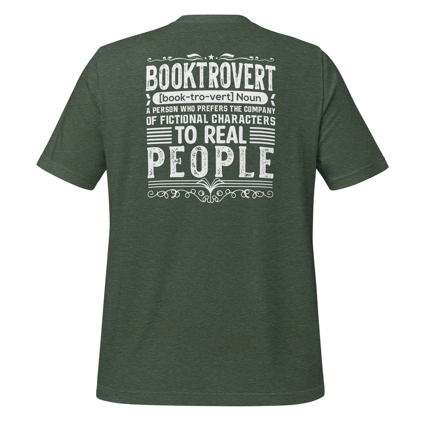 Forest green booktrovert definition shirt in bold white letters created by graphic apparel company Midnight Gypsy Designs as part of their bookish merch clothing line.