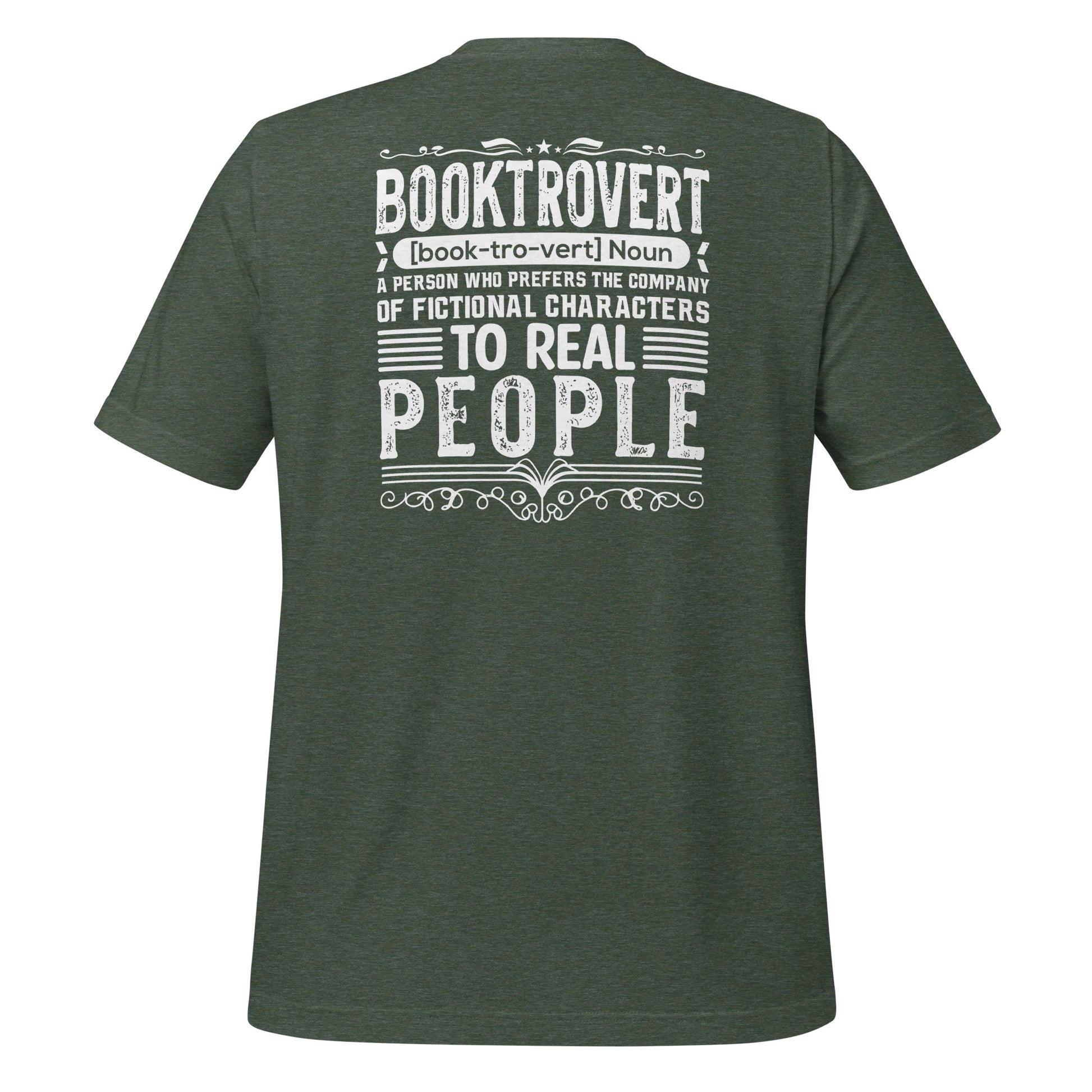 Forest green booktrovert definition shirt in bold white letters created by graphic apparel company Midnight Gypsy Designs as part of their bookish merch clothing line.