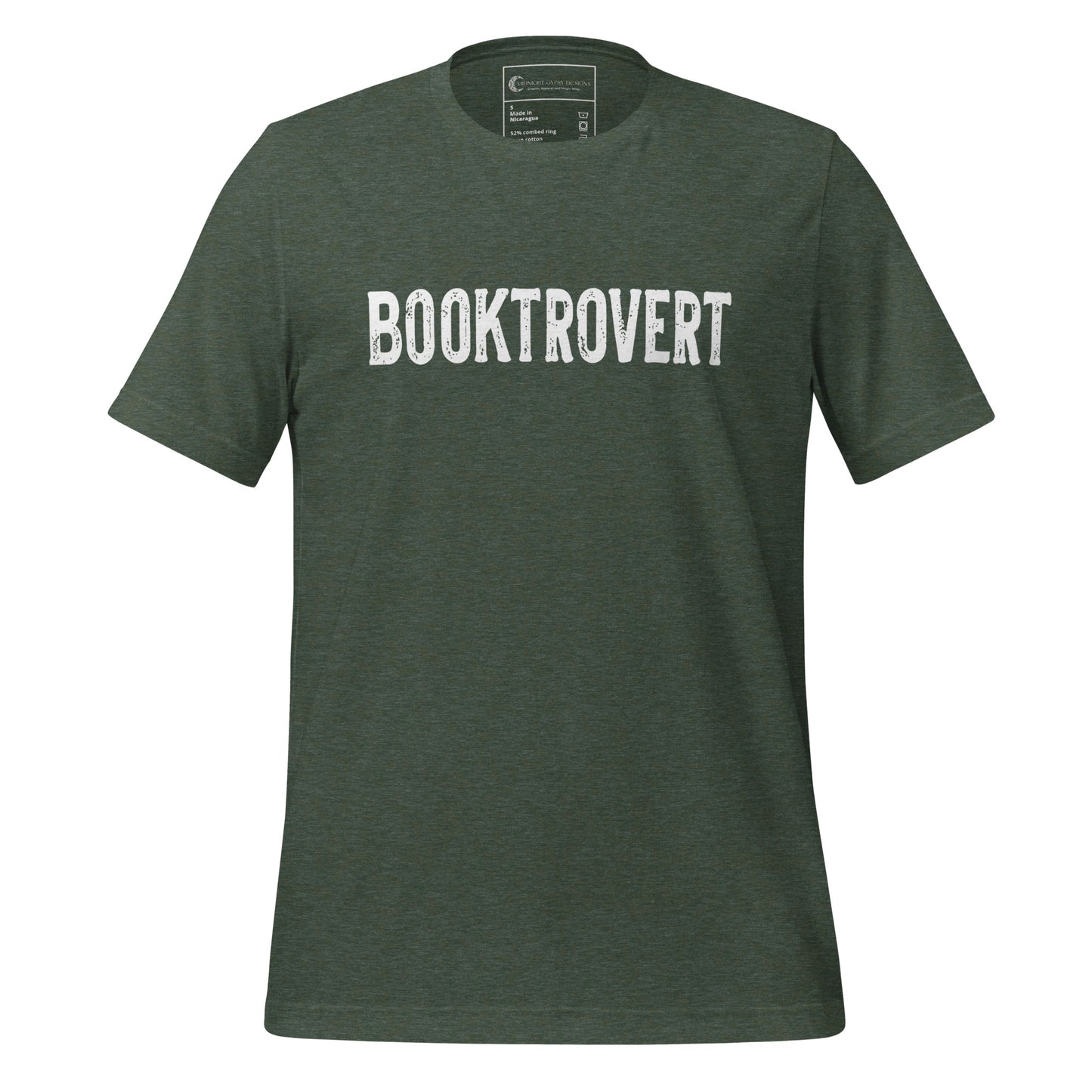 Forest green booktrovert definition shirt in bold white letters created by graphic apparel company Midnight Gypsy Designs as part of their bookish merch clothing line.
