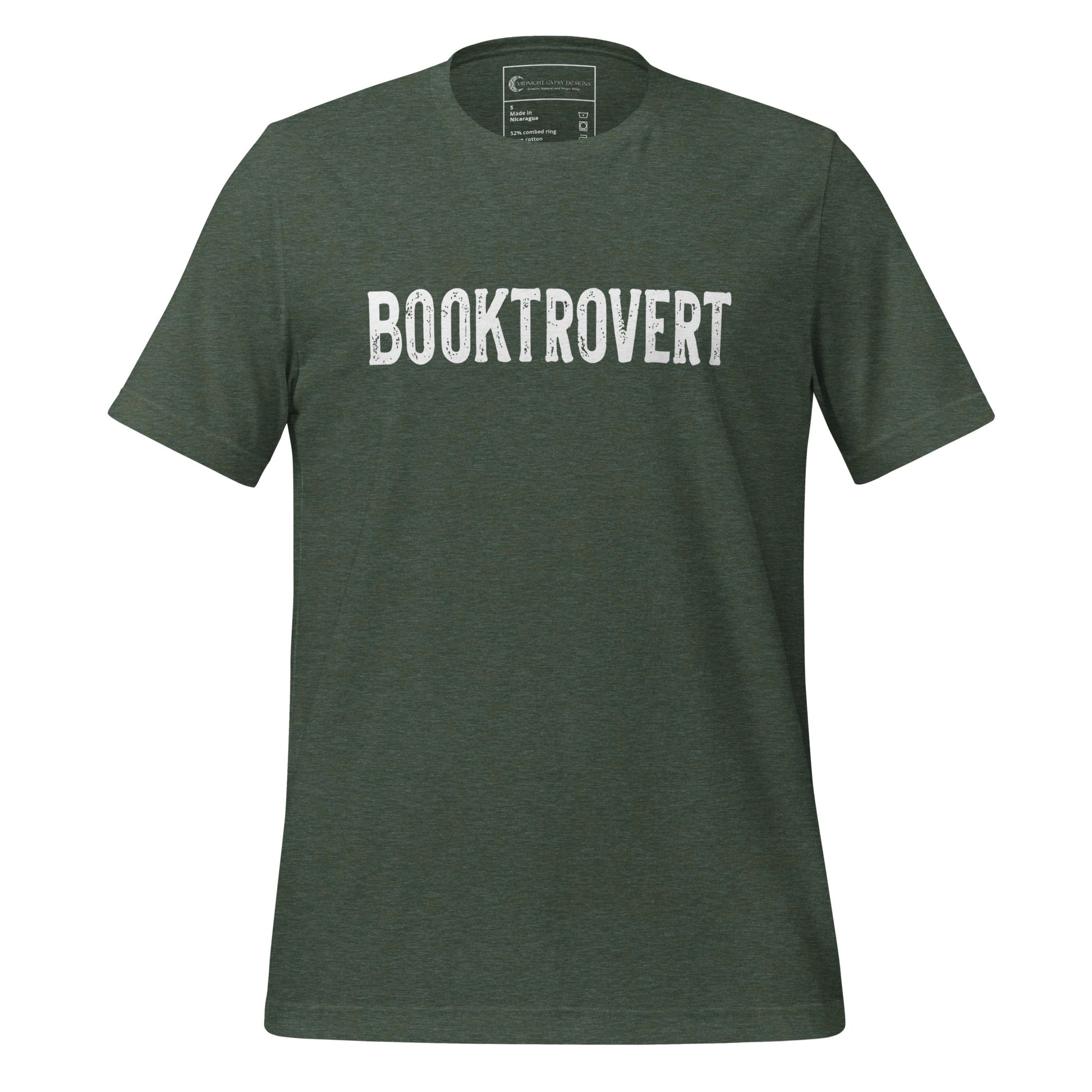 Forest green booktrovert definition shirt in bold white letters created by graphic apparel company Midnight Gypsy Designs as part of their bookish merch clothing line.