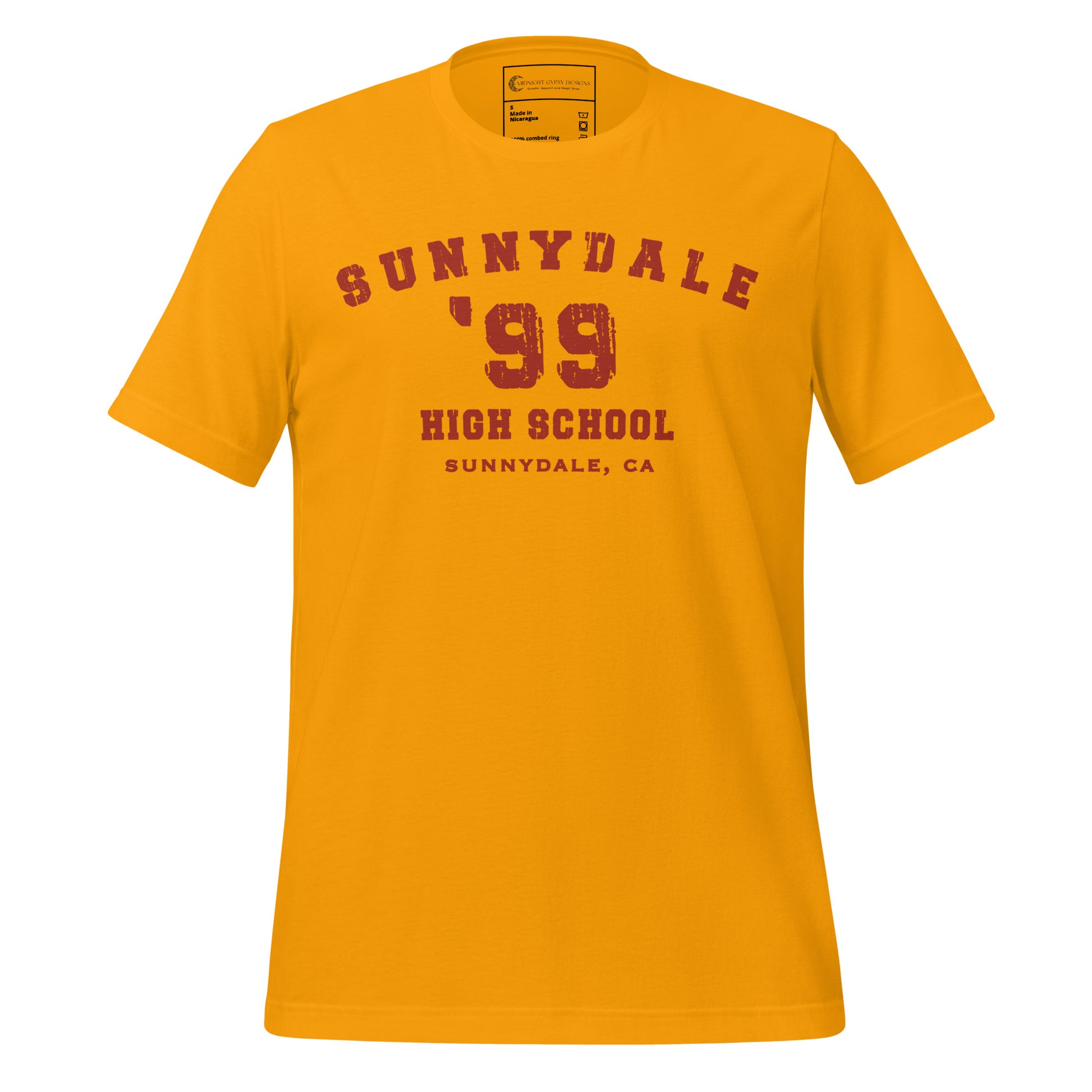 Gold Buffy the Vampire Slayer Sunnydale High shirt with maroon lettering created by graphic apparel company Midnight Gypsy Designs as part of their Buffy the Vampire Slayer shirt line.