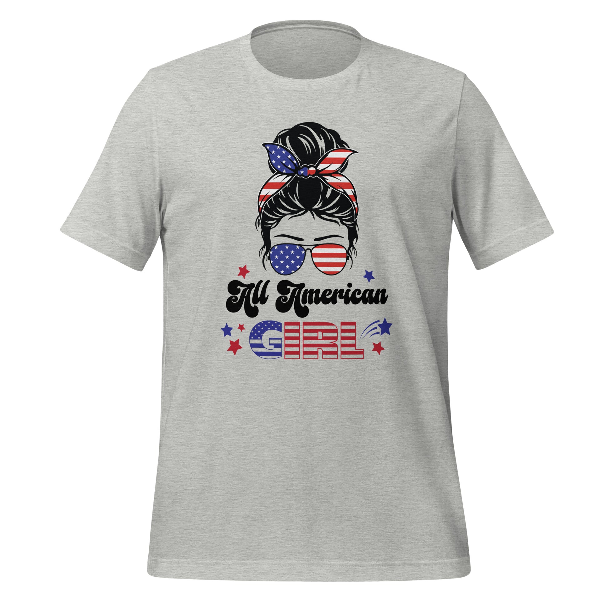 Grey All American Girl t-shirt of a patriotic woman with a messy bun in her hair and patriotic aviator sunglasses with red and blue stars created by patriotic apparel clothing shop Midnight Gypsy Designs as part of their USA patriotic shirt line.
