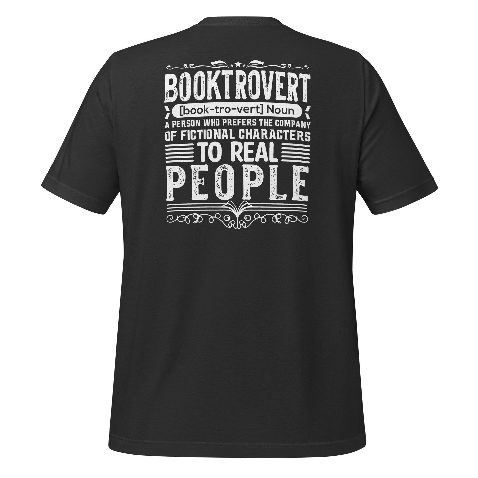 Grey booktrovert definition shirt in bold white letters created by graphic apparel company Midnight Gypsy Designs as part of their bookish merch clothing line.