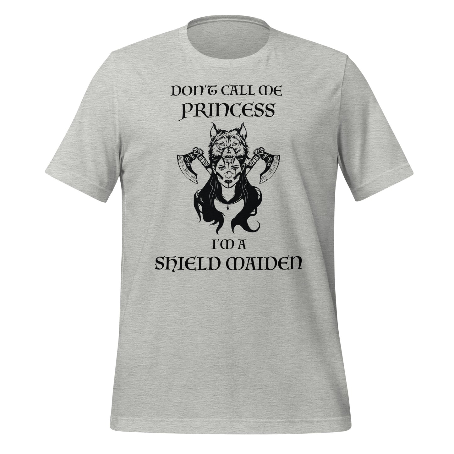 Heather grey Viking Warrior t-shirt for women with lettering that says Don't Call Me Princess I'm a Shield Maiden with a female Viking Warrior with Norse Viking axes and a Fenrir wolf created by graphic apparel shop Midnight Gypsy Designs as part of their Viking clothing line. Perfect Norse Viking shirt for women, Don't Call Me Princess shirt, Viking Shield Maiden warrior shirt, girl power shirt, girl power tee, Norse Mythology t-shirt, and Viking Fenrir wolf shirt.