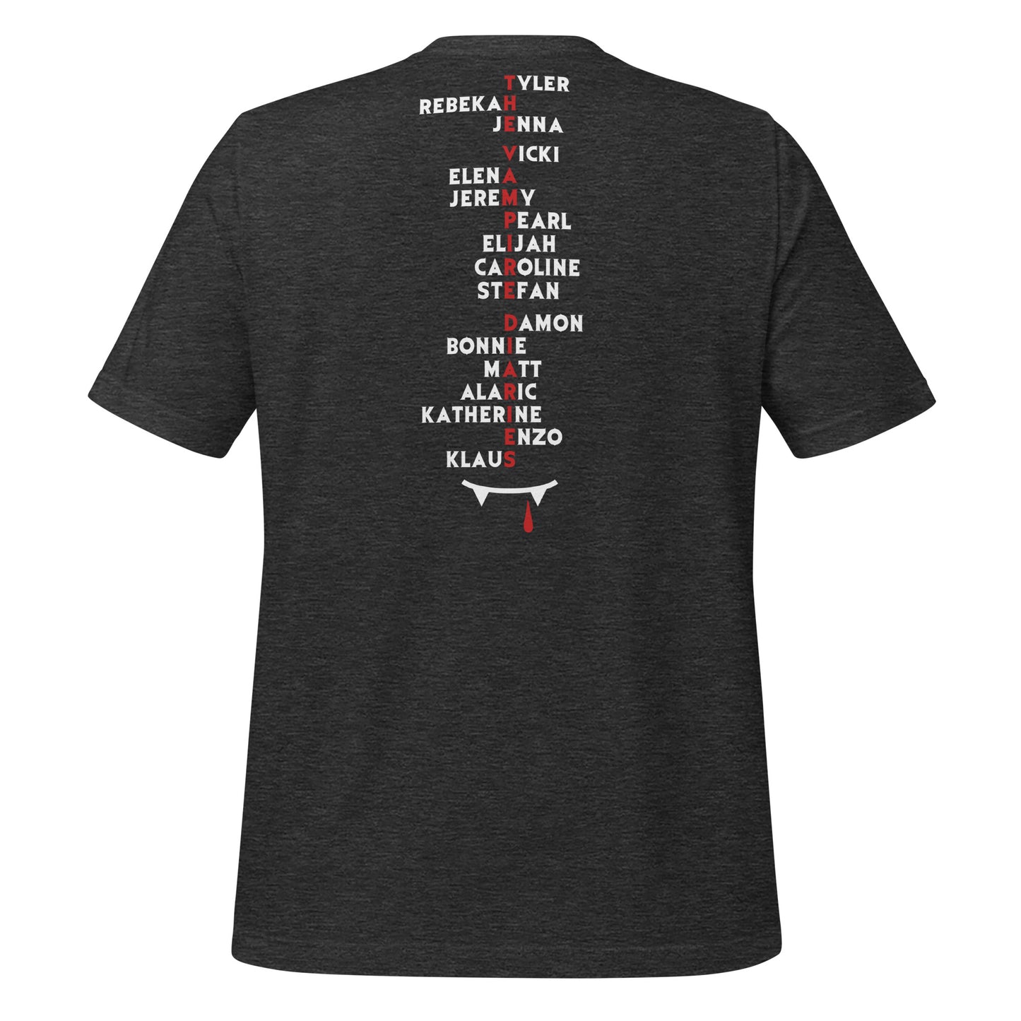Grey Mystic Falls Virginia shirt with character names on the back for the Vampire Diaries apparel line by fandom graphic shirt company Midnight Gypsy Designs.